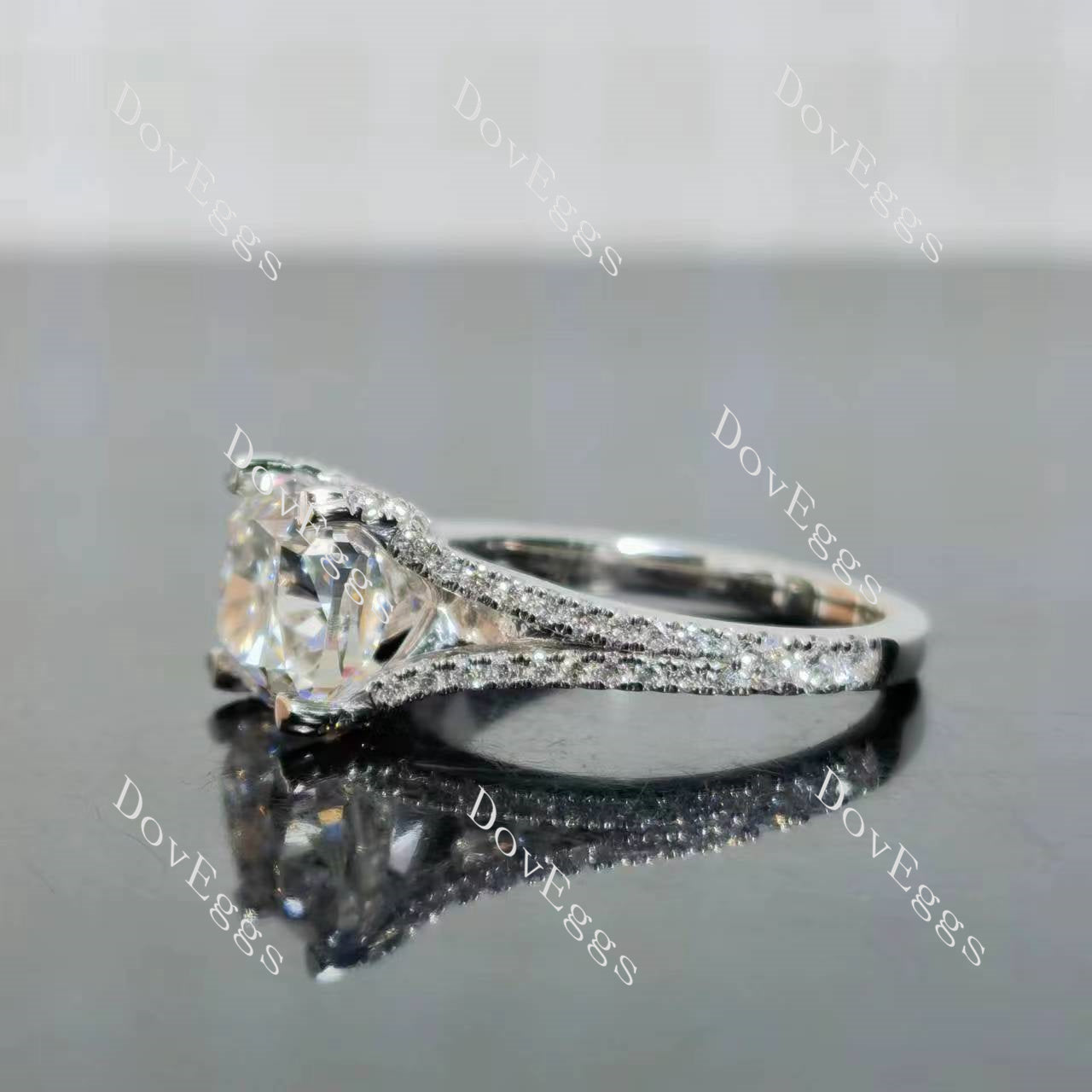 Doveggs Cushion Pave Split Shanks Lab Grown Diamond Engagement Ring