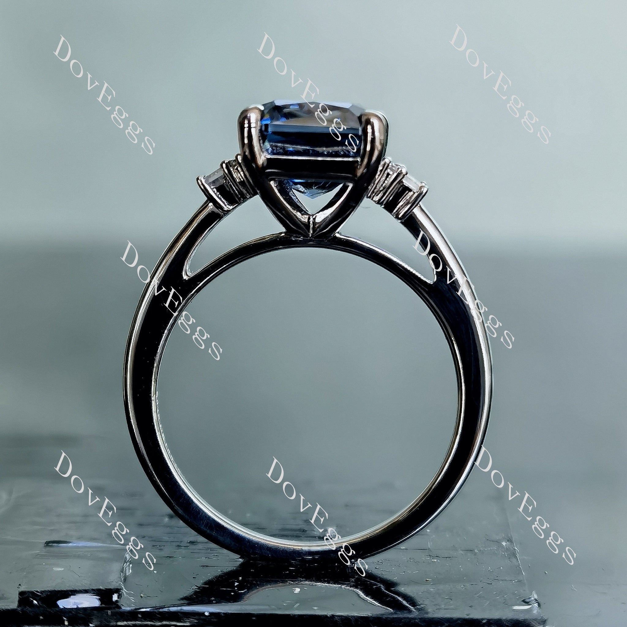 Doveggs criss cut side stone twilight blue moissanite engagement ring