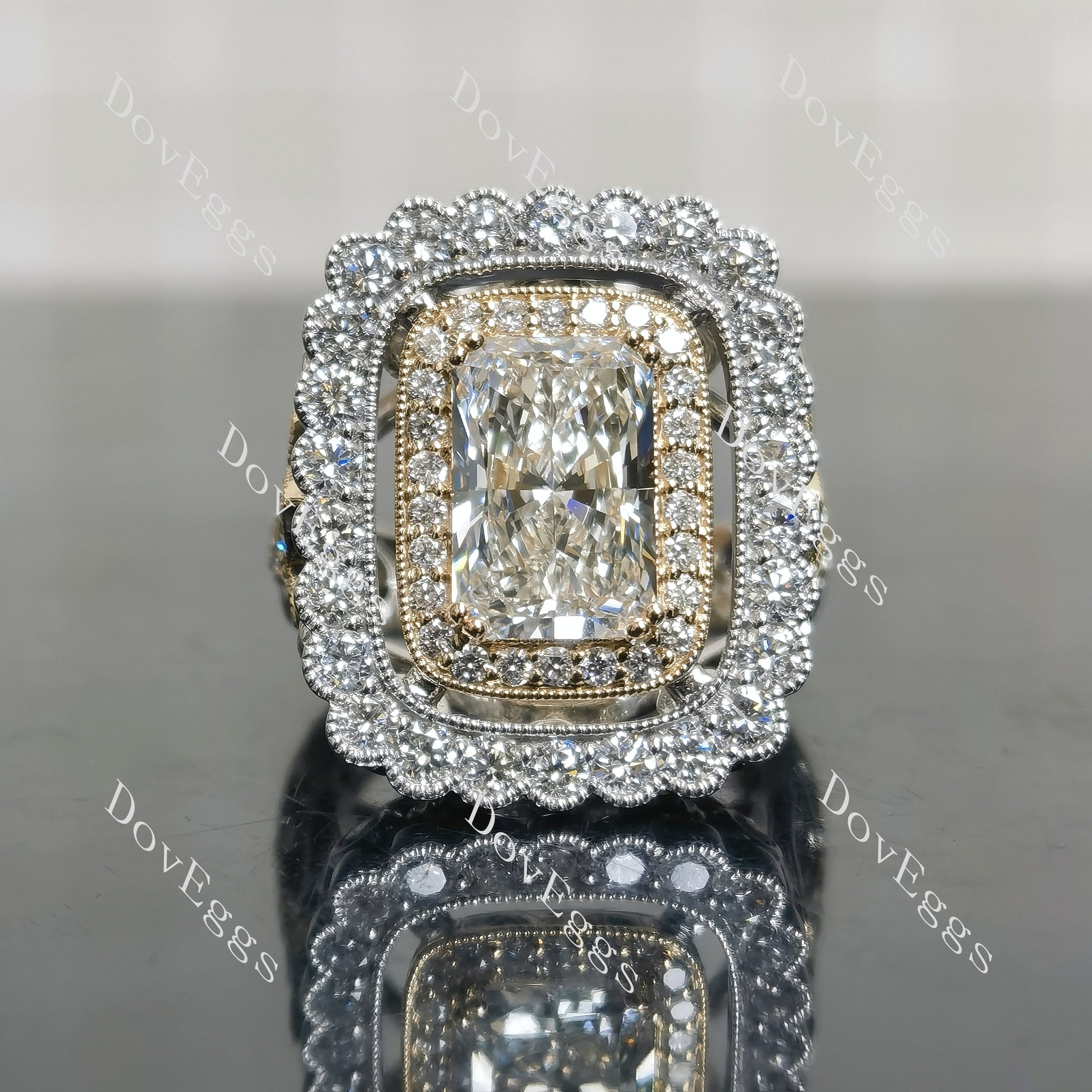 Doveggs radiant halo vintage pave moissnaite engagement ring