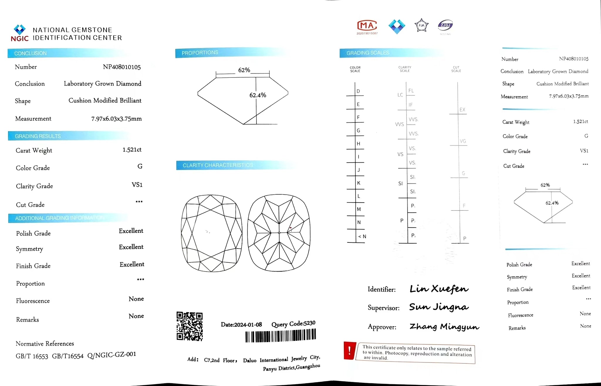 Doveggs 1.521ct Elongated cushion G color VS1 Clarity Excellent cut lab diamond stone(certified)