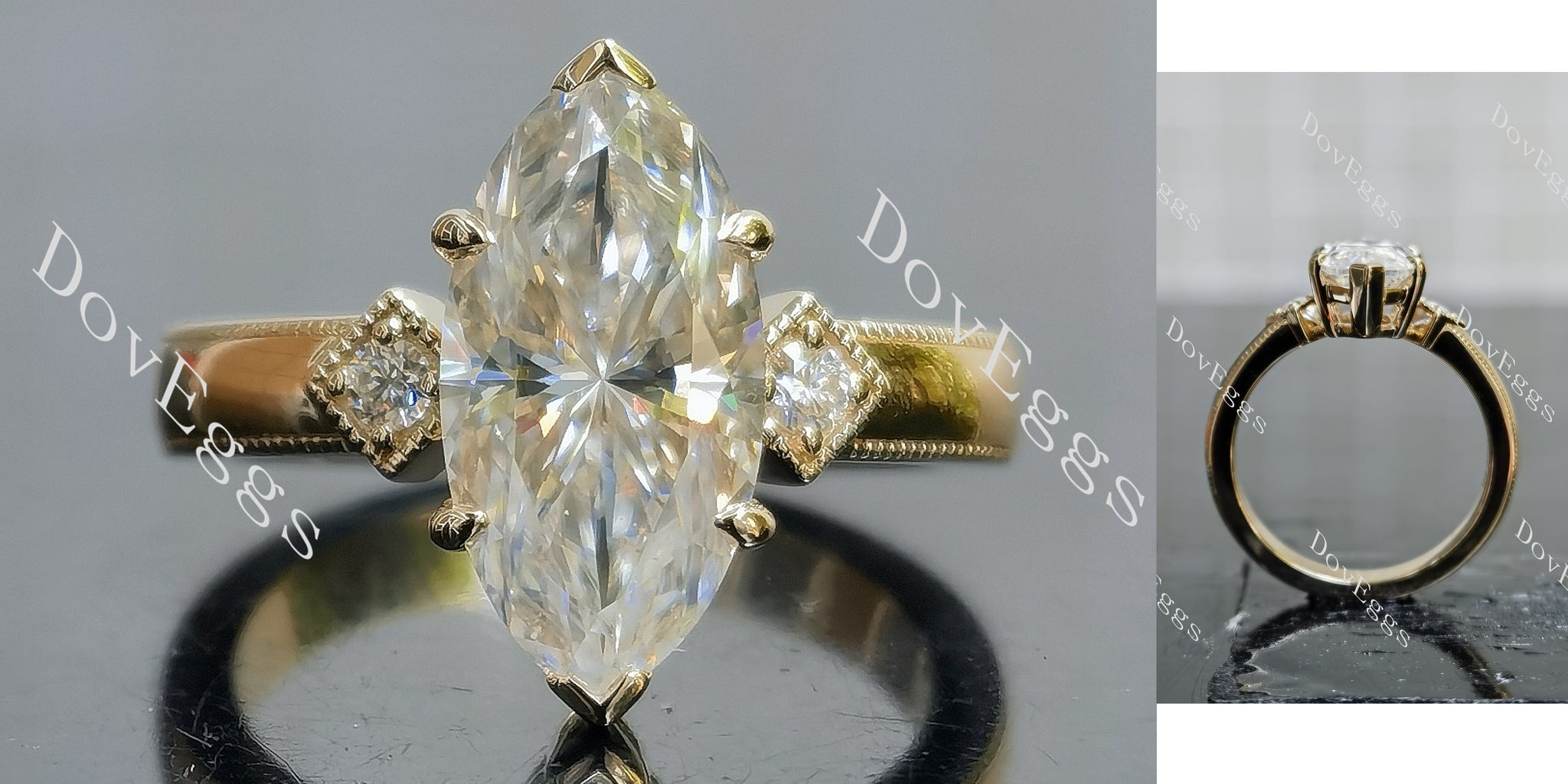 Marquise Modified H&A cut three stones moissanite engagement ring