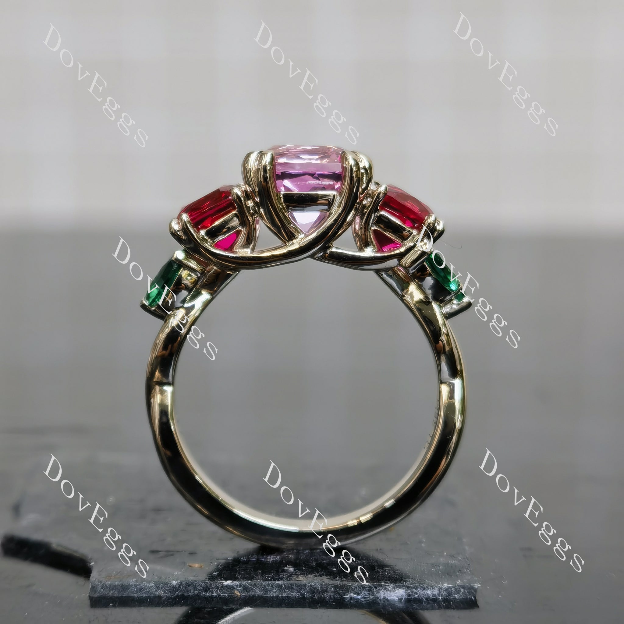 Devra's Rose cushion art deco three stones colored gem engagement ring