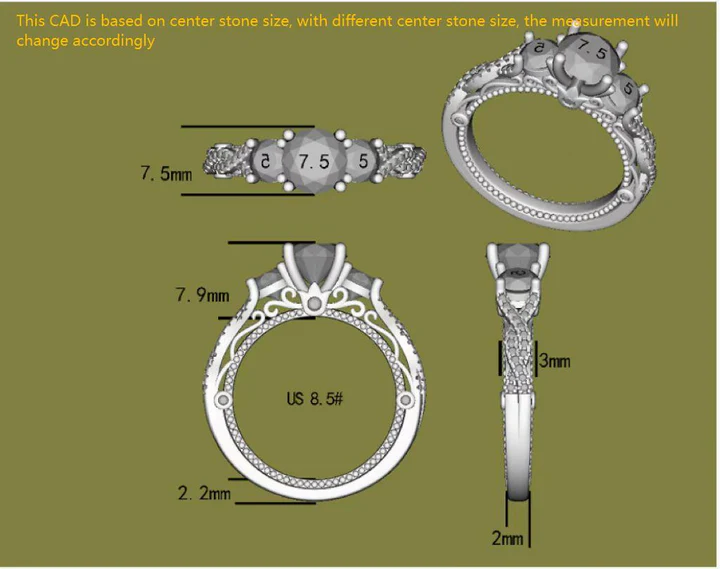 DovEggs three stones art deco engagement ring only semi-mount only(Exclusively to DovEggs Stones)