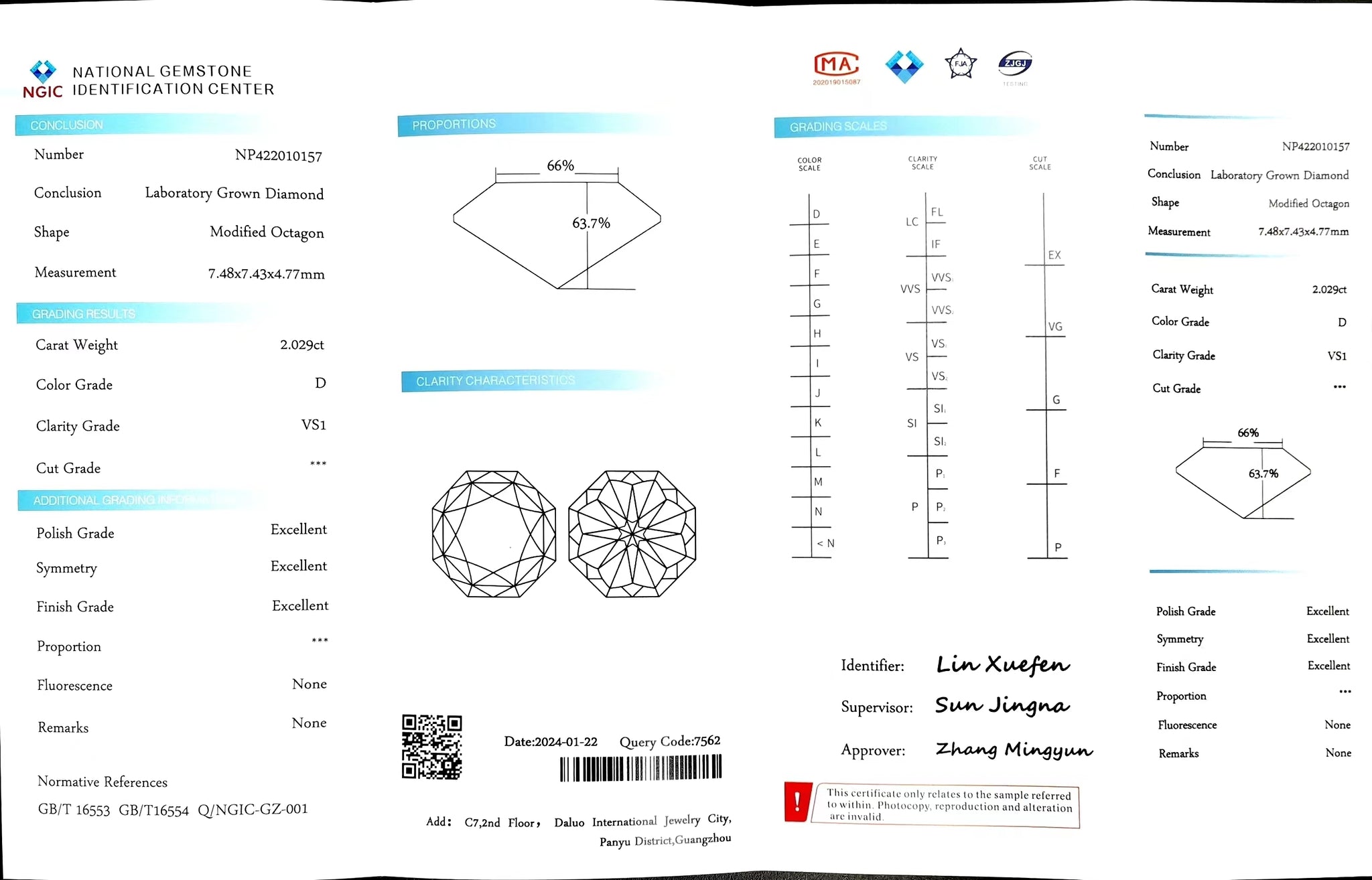 Doveggs 2.029ct Modified Octagon D color VS1 Clarity Excellent cut lab diamond stone(certified)