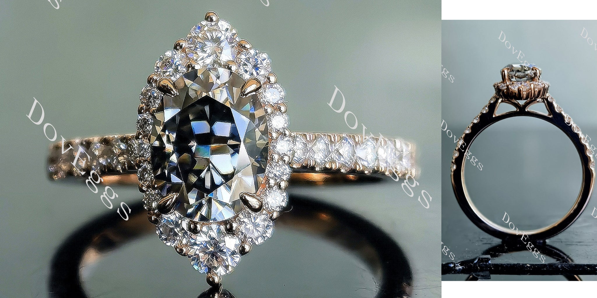 Doveggs oval halo half eternity pave stardust grey moissanite engagement ring