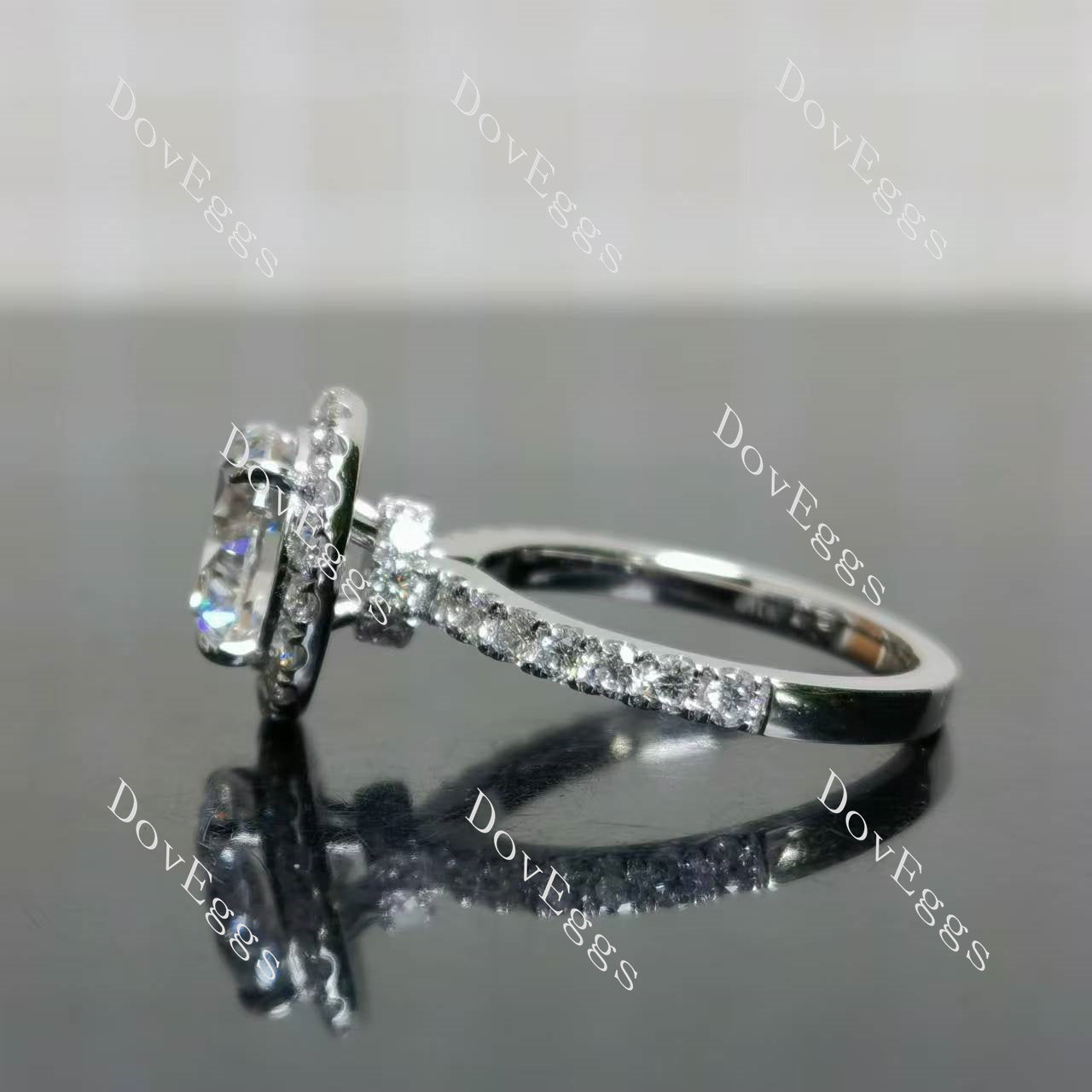 Doveggs round vintage halo pave half eternity moissanite engagement ring