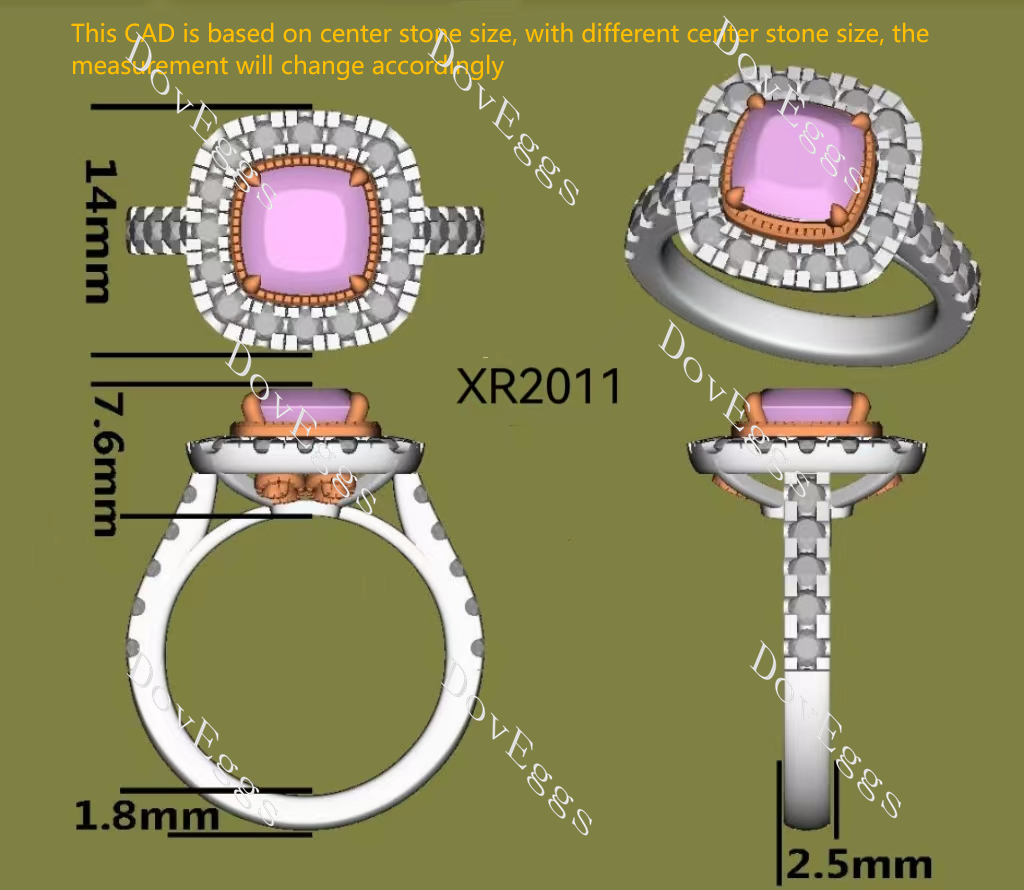 Pink Rose cushion bezel halo half eternity moissanite engagement ring