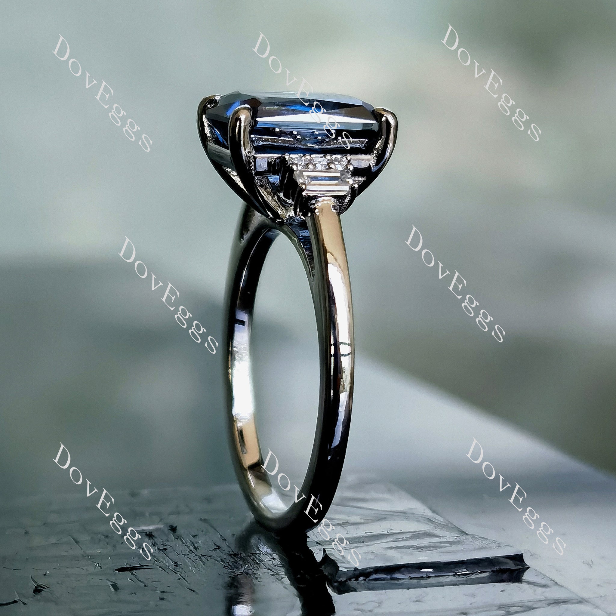 Doveggs criss cut side stone twilight blue moissanite engagement ring