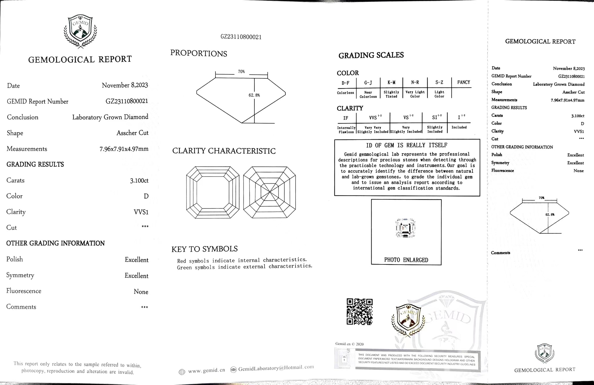 Doveggs 3.10ct asscher D color VVS1 Clarity Excellent cut lab diamond stone(certified)