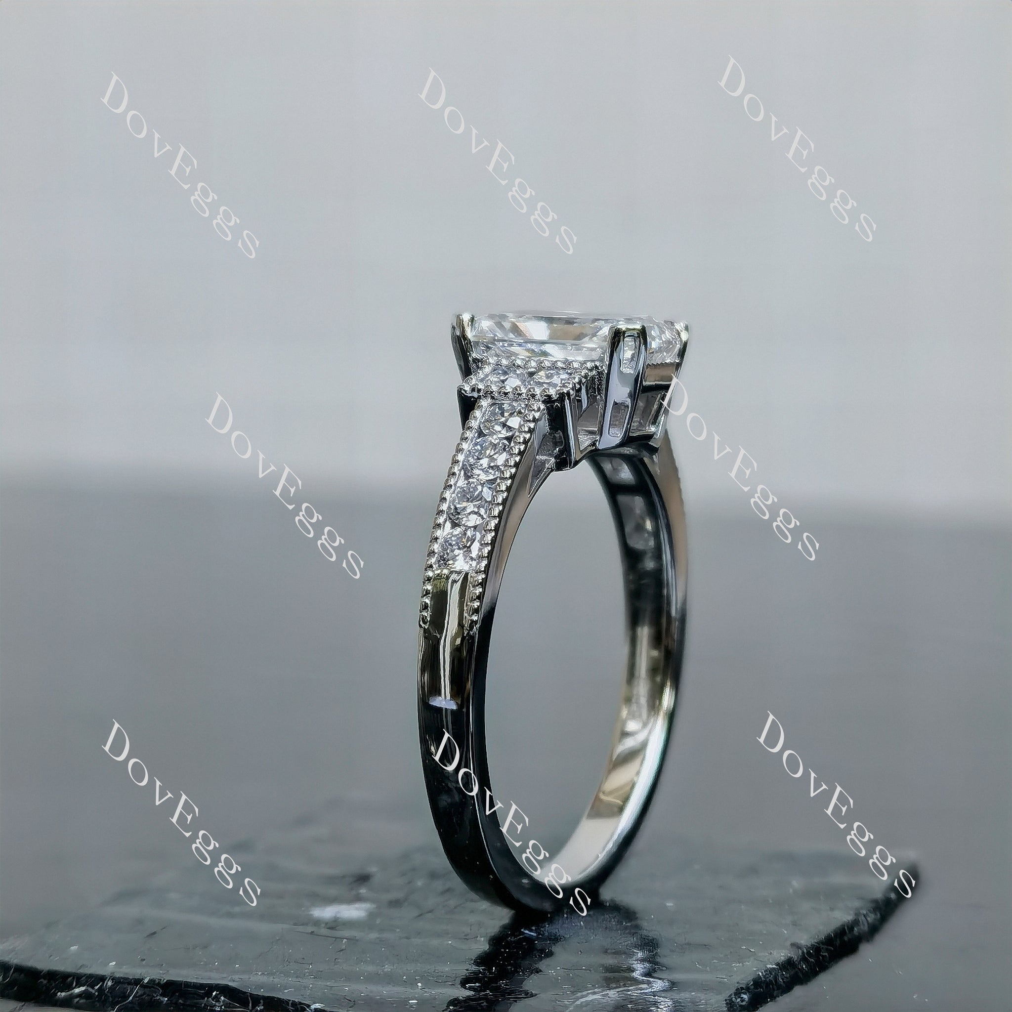 Doveggs Radiant Pave Art Deco Side Stone Lab Grown Diamond Engagement Ring