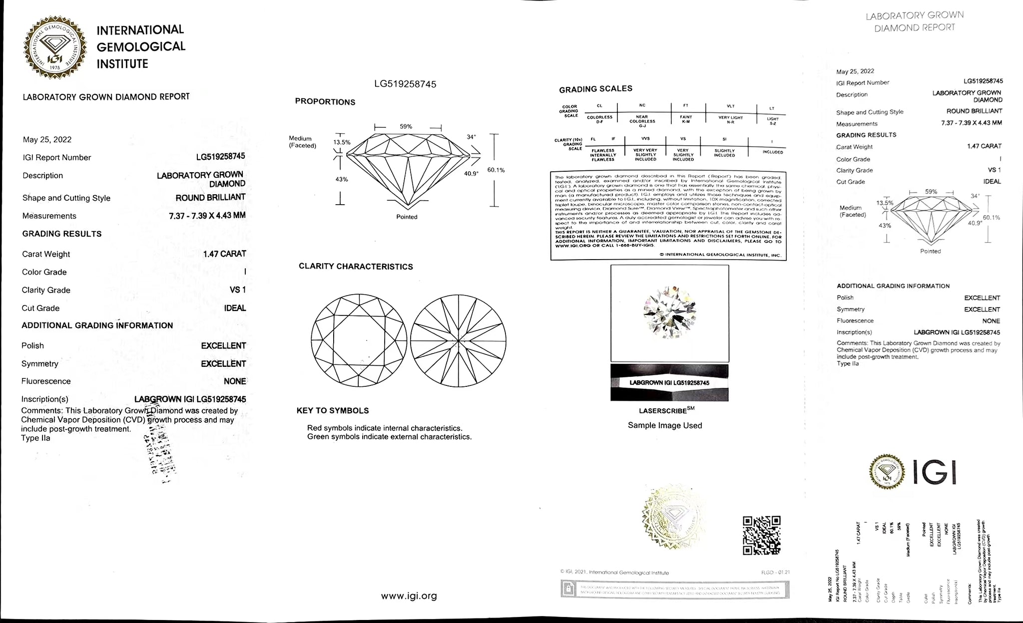 Doveggs 1.47ct round I color VS1 Clarity Ideal cut lab diamond stone(certified)