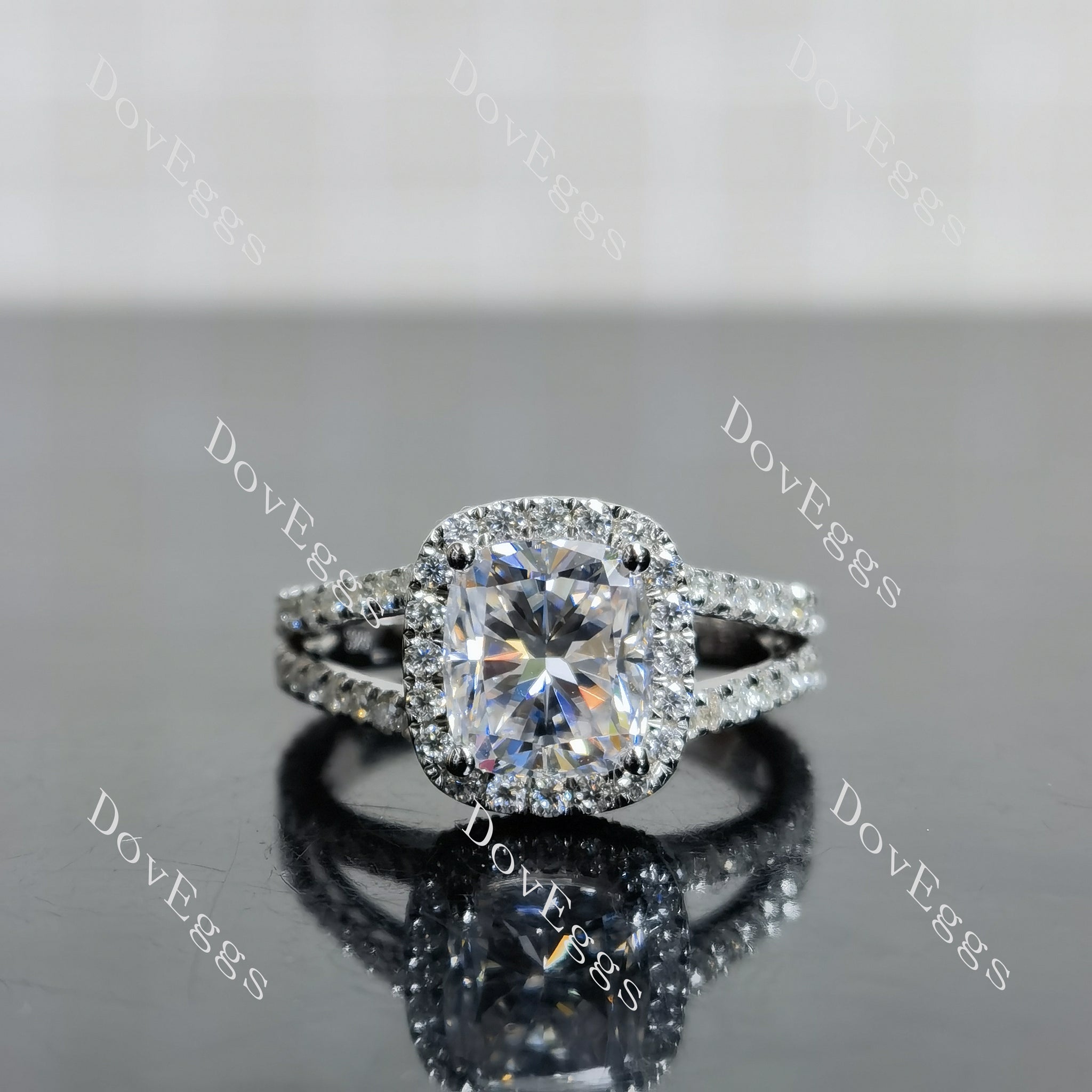 Doveggs cushion halo split shank pave moissanite engagement ring(engagement ring only)