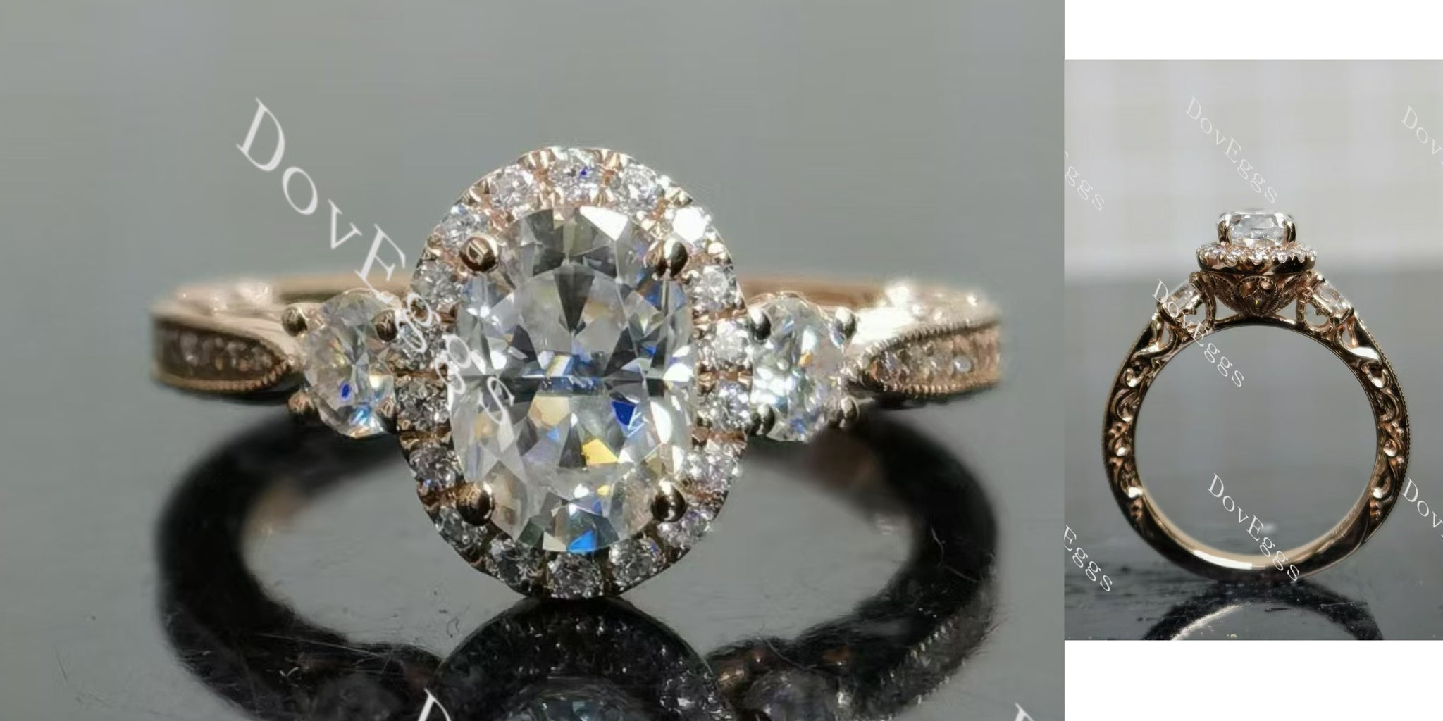 oval halo vintage side stones moissanite engagement ring