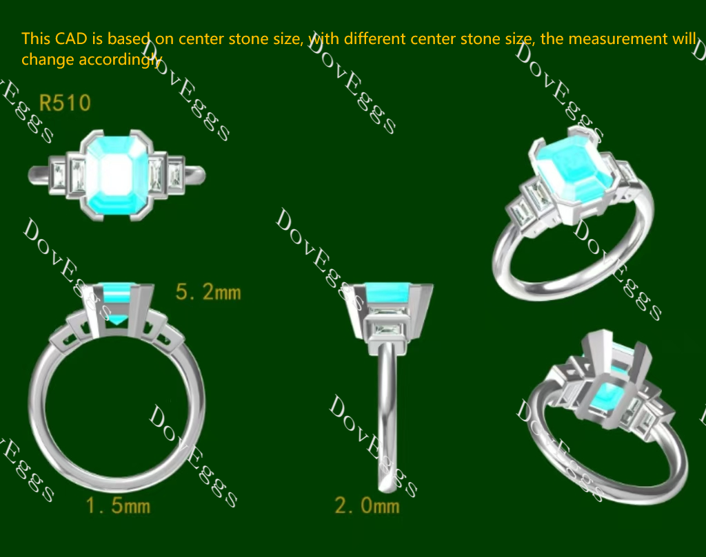 Doveggs emerald bezel side stones colored moissanite engagement ring