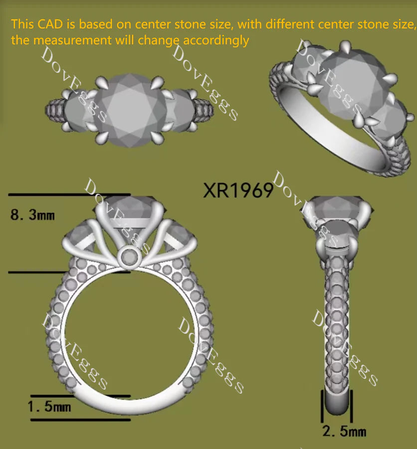 Doveggs three stones pave engagement ring semi-mount only(Exclusively to DovEggs Stones)