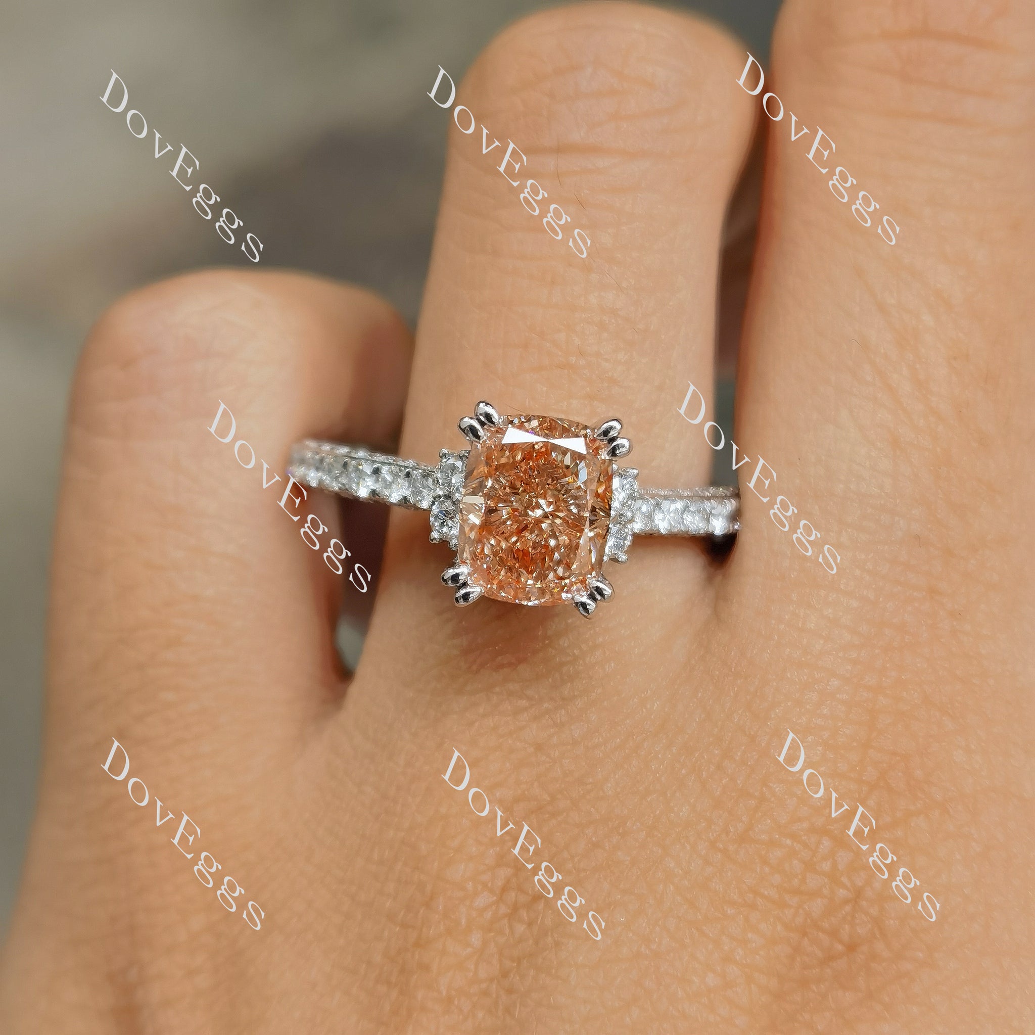 Doveggs Cushion Pave Half Eternity Pink Lab Grown Diamond Engagement Ring