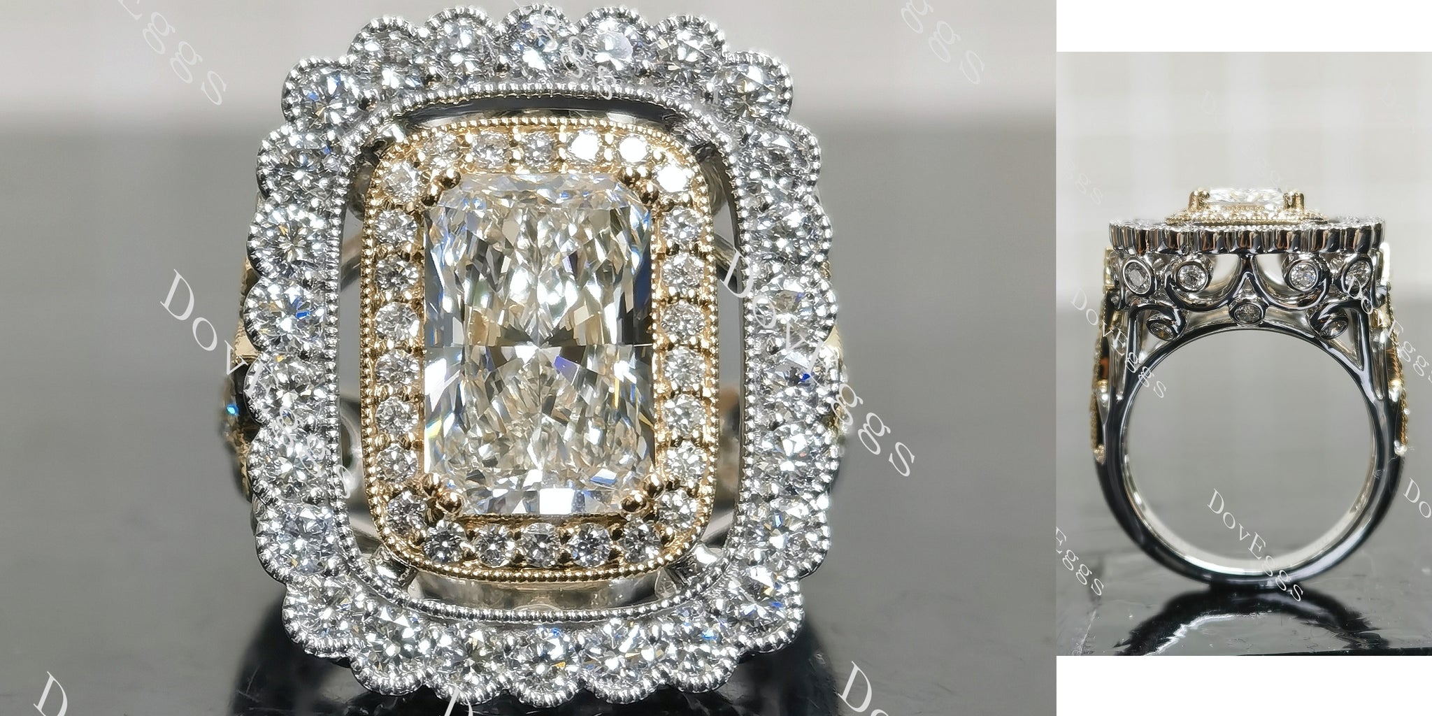 Doveggs radiant halo vintage pave moissnaite engagement ring