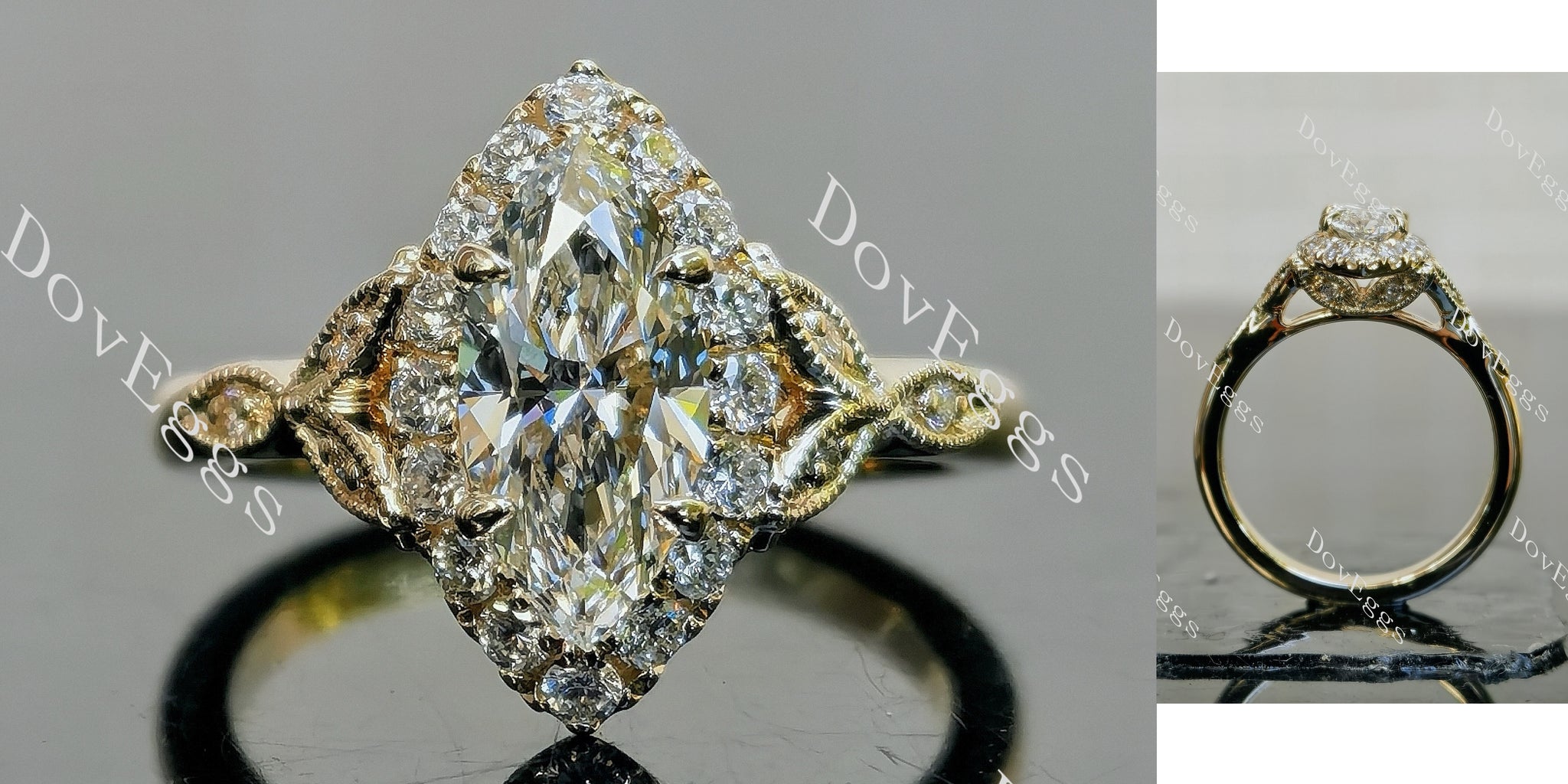 marquise halo side stones art deco moissanite engagement ring