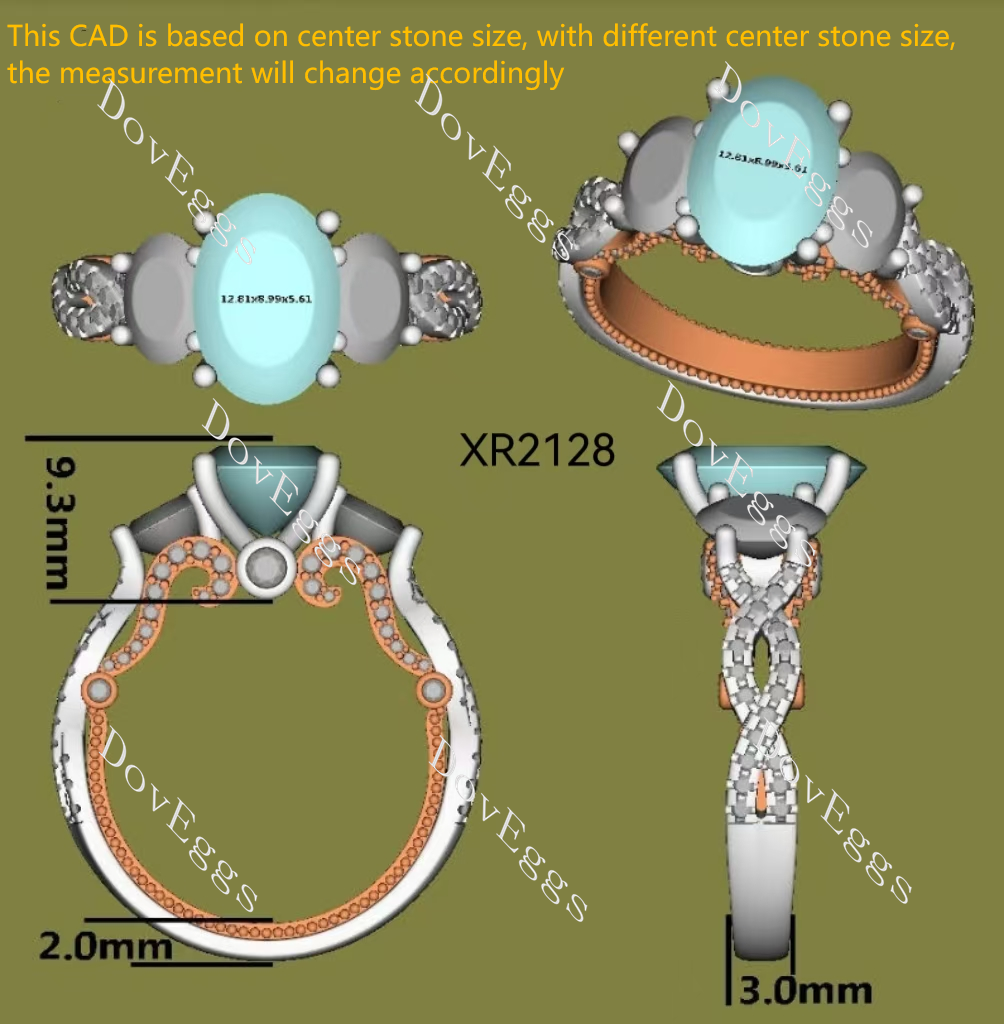 The Mary pave split shanks three stones engagement ring only semi-mount only(Exclusively to DovEggs Stones)