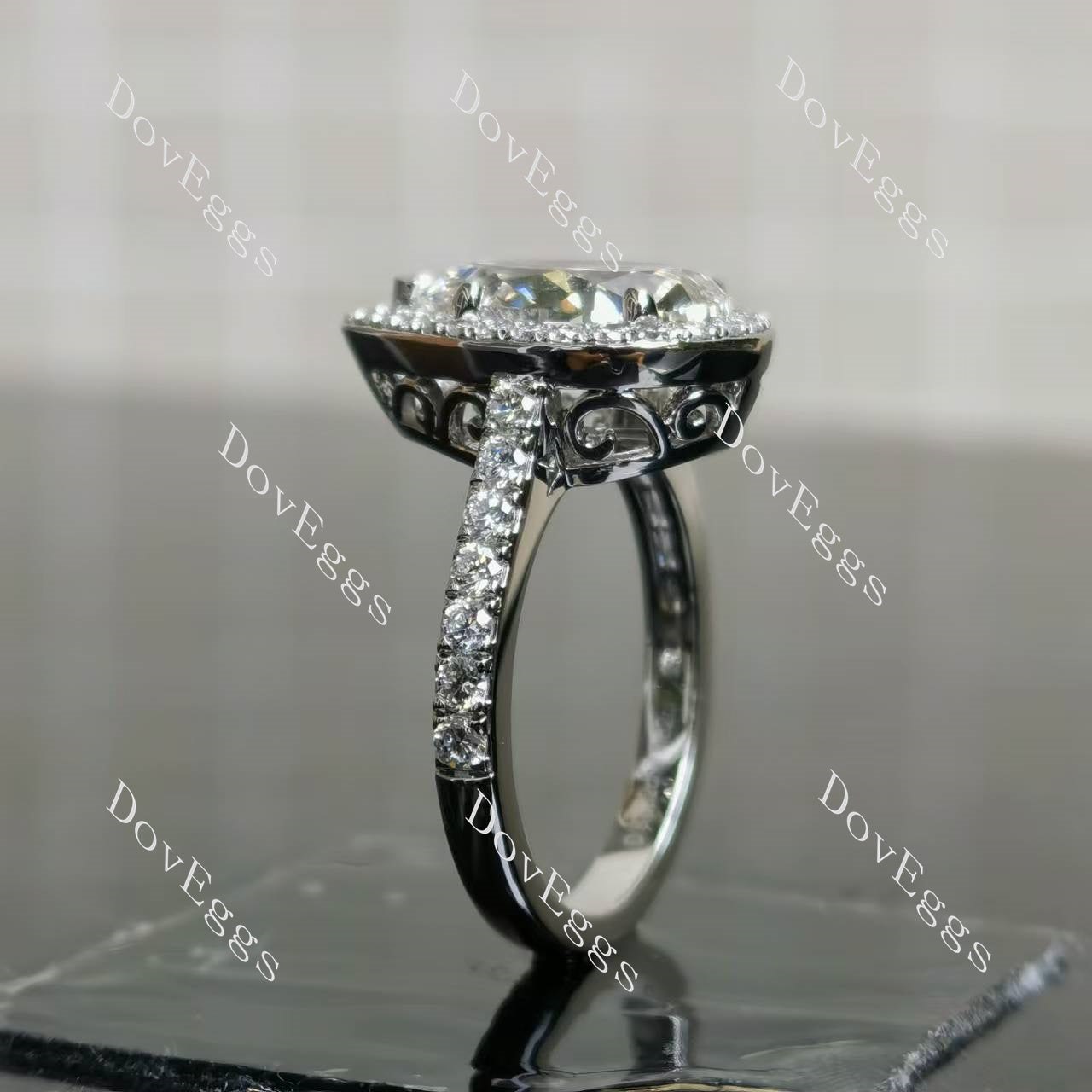 The Shana Rae pear vintage halo pave moissanite engagement ring