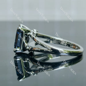 Charming elongated krupp cut split shanks twilight blue moissanite engagement ring