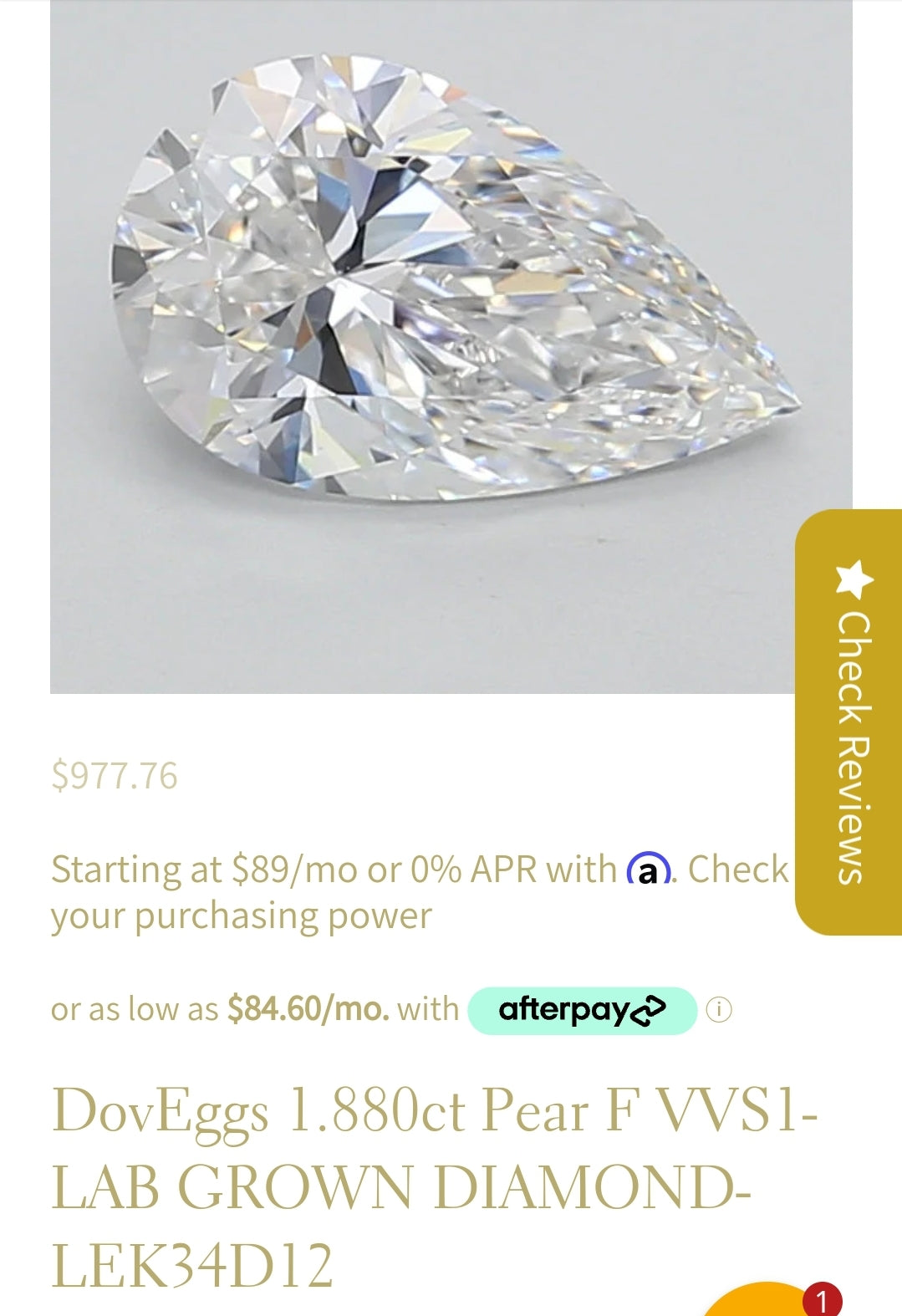 Layaway of the 1.88ct Pear Lab diamond( discount applied)