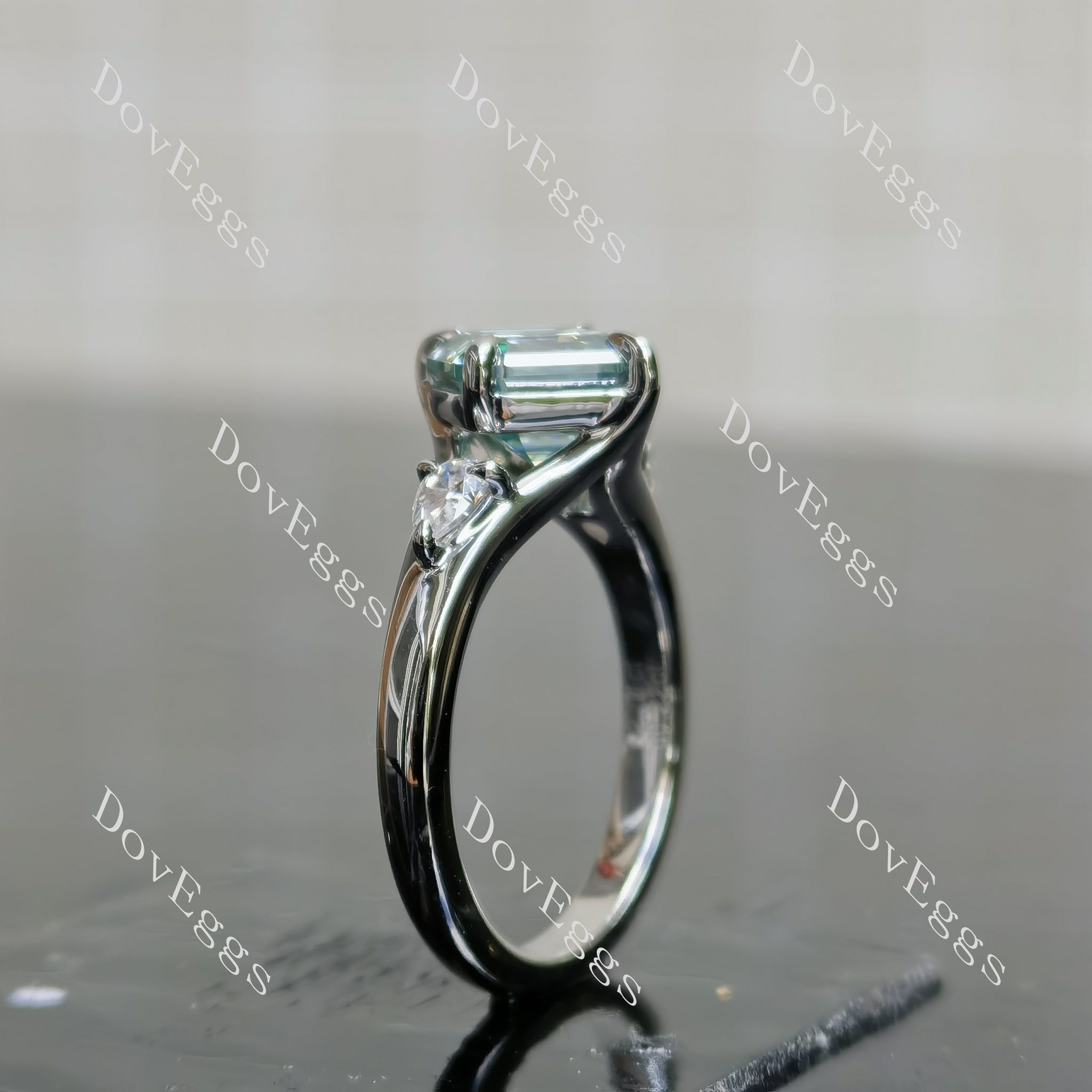 Doveggs asscher three stones split shanks colored moissanite engagement ring