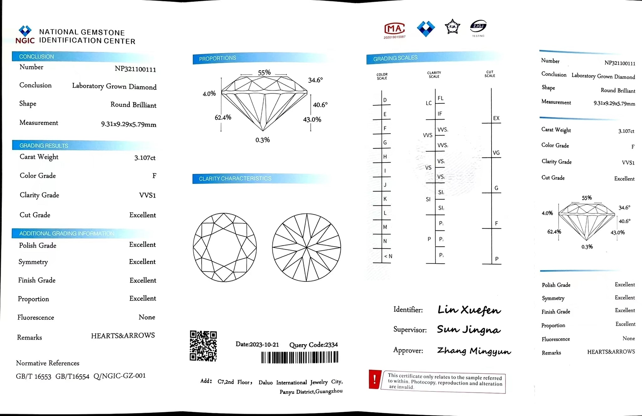 Doveggs 3.107ct Round F Color VVS1 Clarity Excellent cut lab diamond stone(certified)