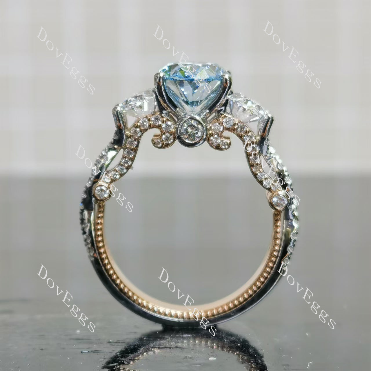 The Mary oval pave split shanks three stones colored moissanite engagement ring