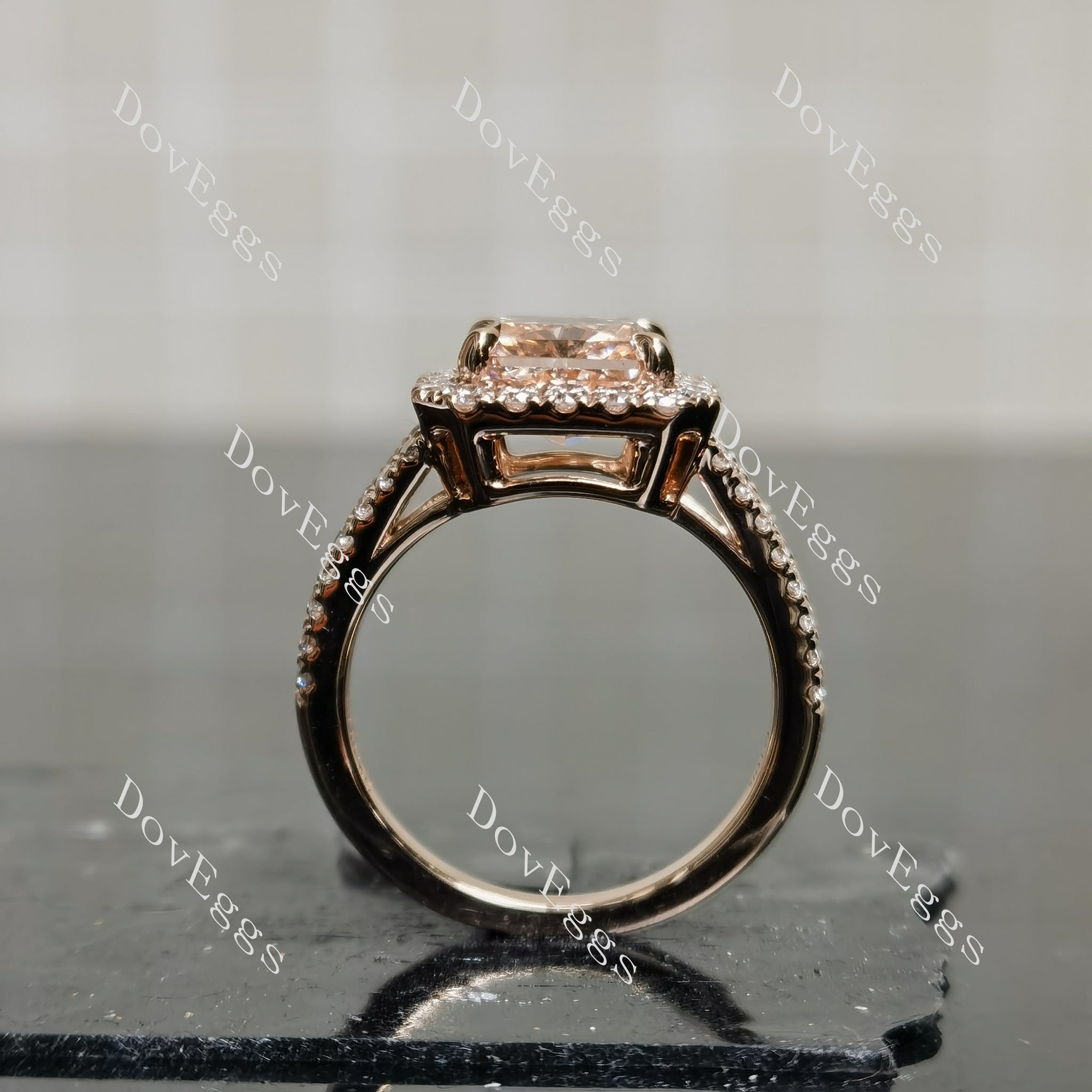 Doveggs Radiant Halo Split Shanks Fancy Vivid Pink Lab Grown Diamond Engagement Ring