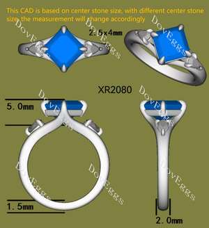 Doveggs asscher three stones split shanks colored moissanite engagement ring