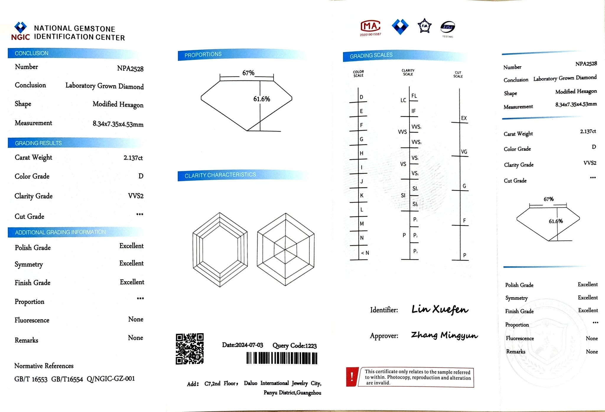 Doveggs 2.137ct Modified Hexagon D color VVS2 Clarity Excellent cut lab diamond stone(certified)