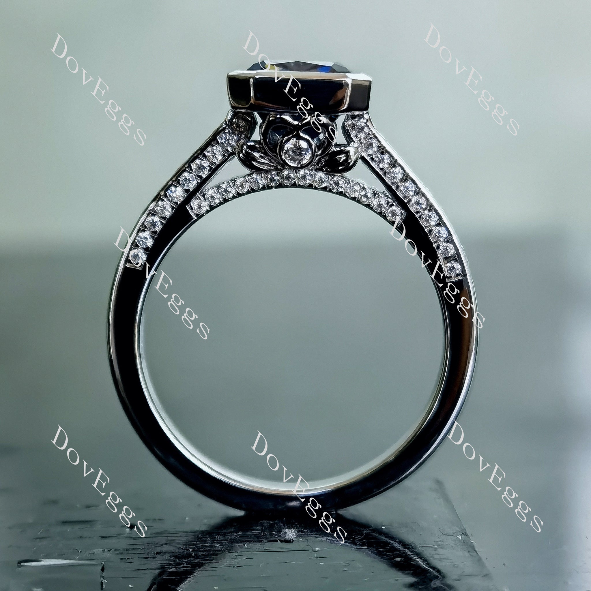 Doveggs criss cut bezel pave twilight blue moissanite engagement ring