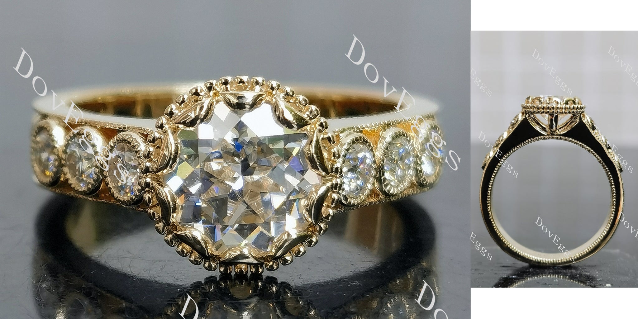 round bezel pave art deco vintage moissanite engagement ring