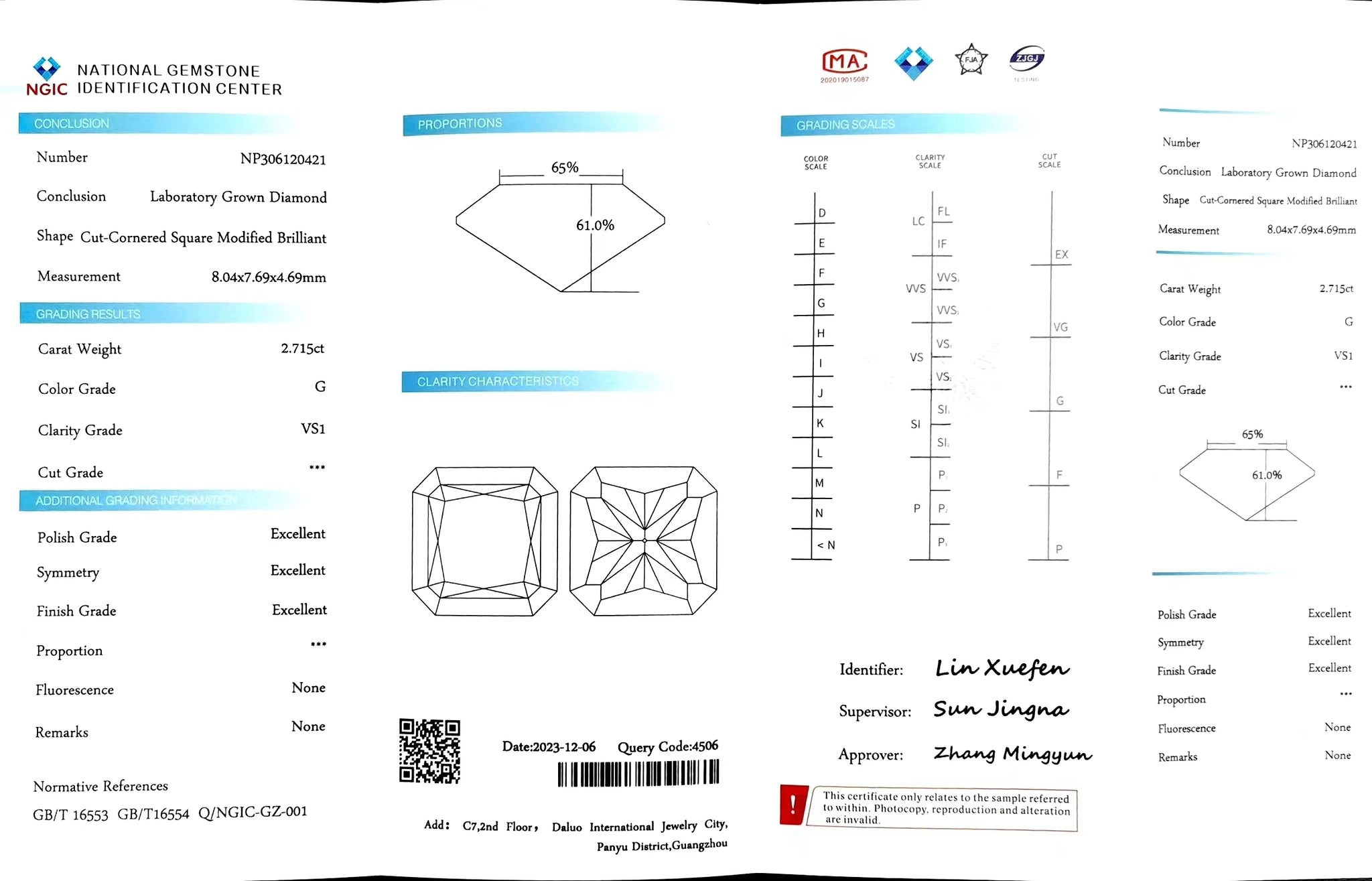 Doveggs 2.715ct radiant G color VS1 Clarity Excellent cut lab diamond stone(certified)