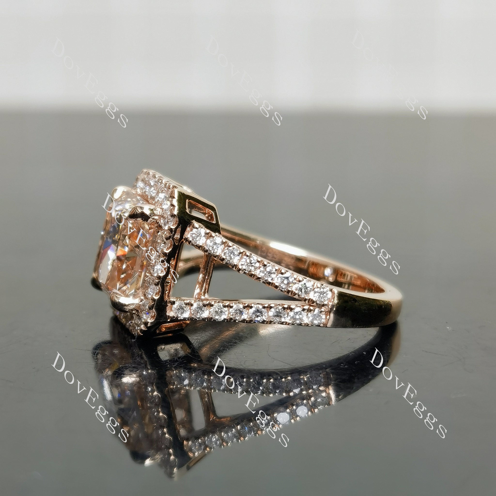 Doveggs Radiant Halo Split Shanks Fancy Vivid Pink Lab Grown Diamond Engagement Ring