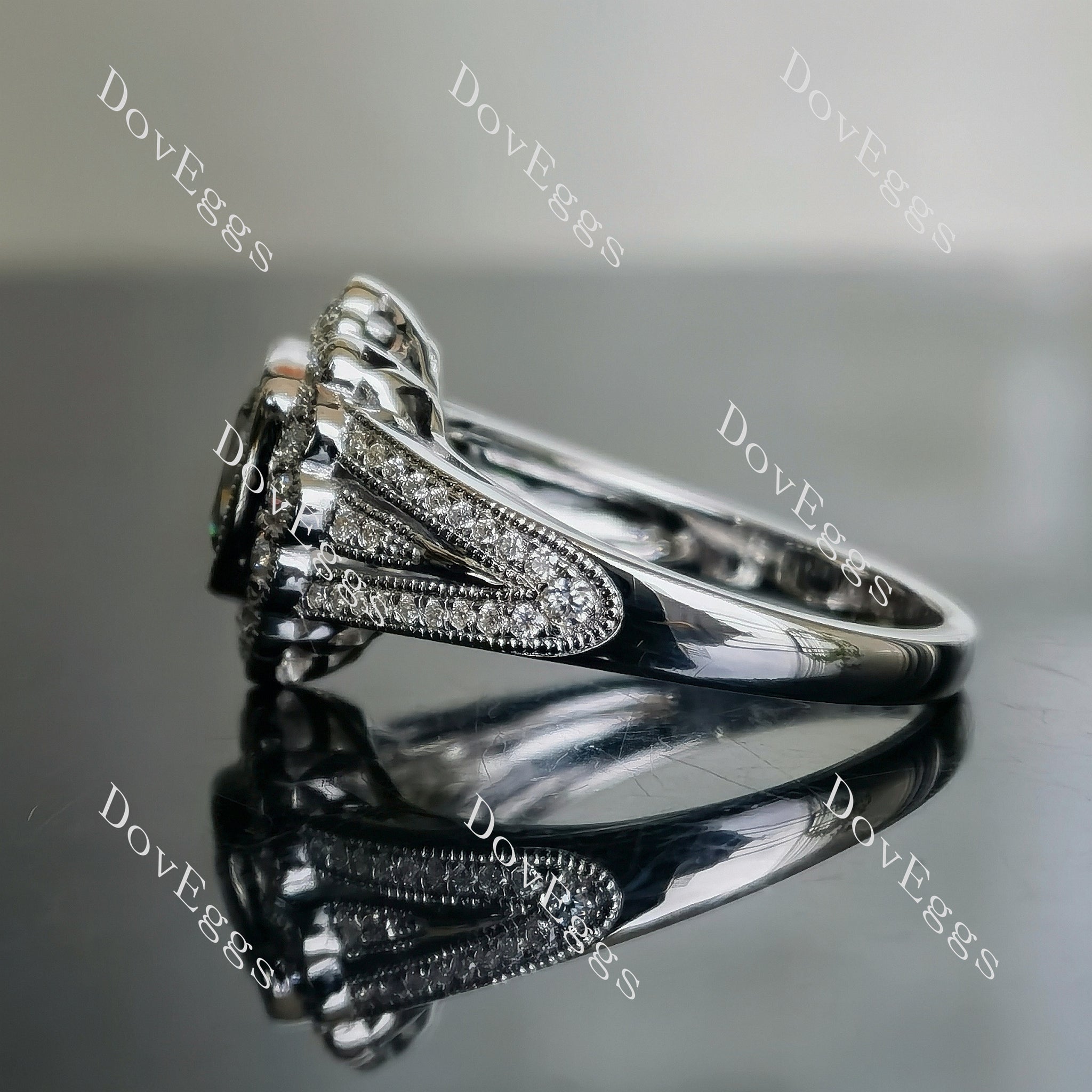 Doveggs cushion halo pave split shank stardust grey engagement ring