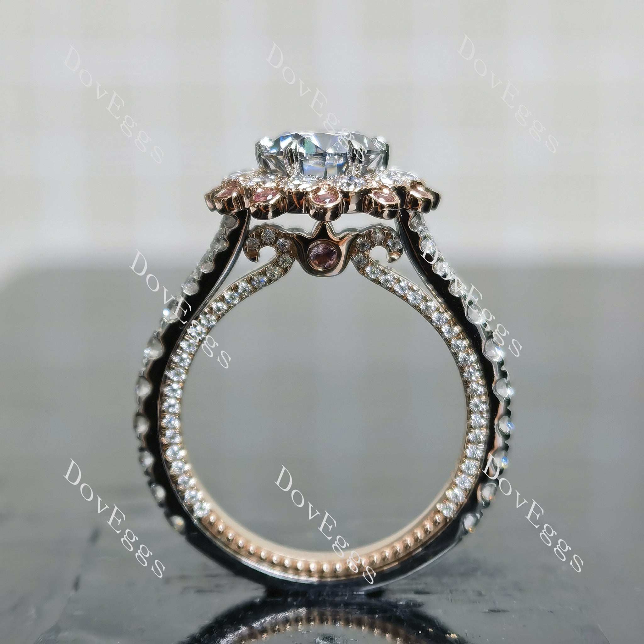 Doveggs oval halo floral vintage stardust grey moissanite engagement ring