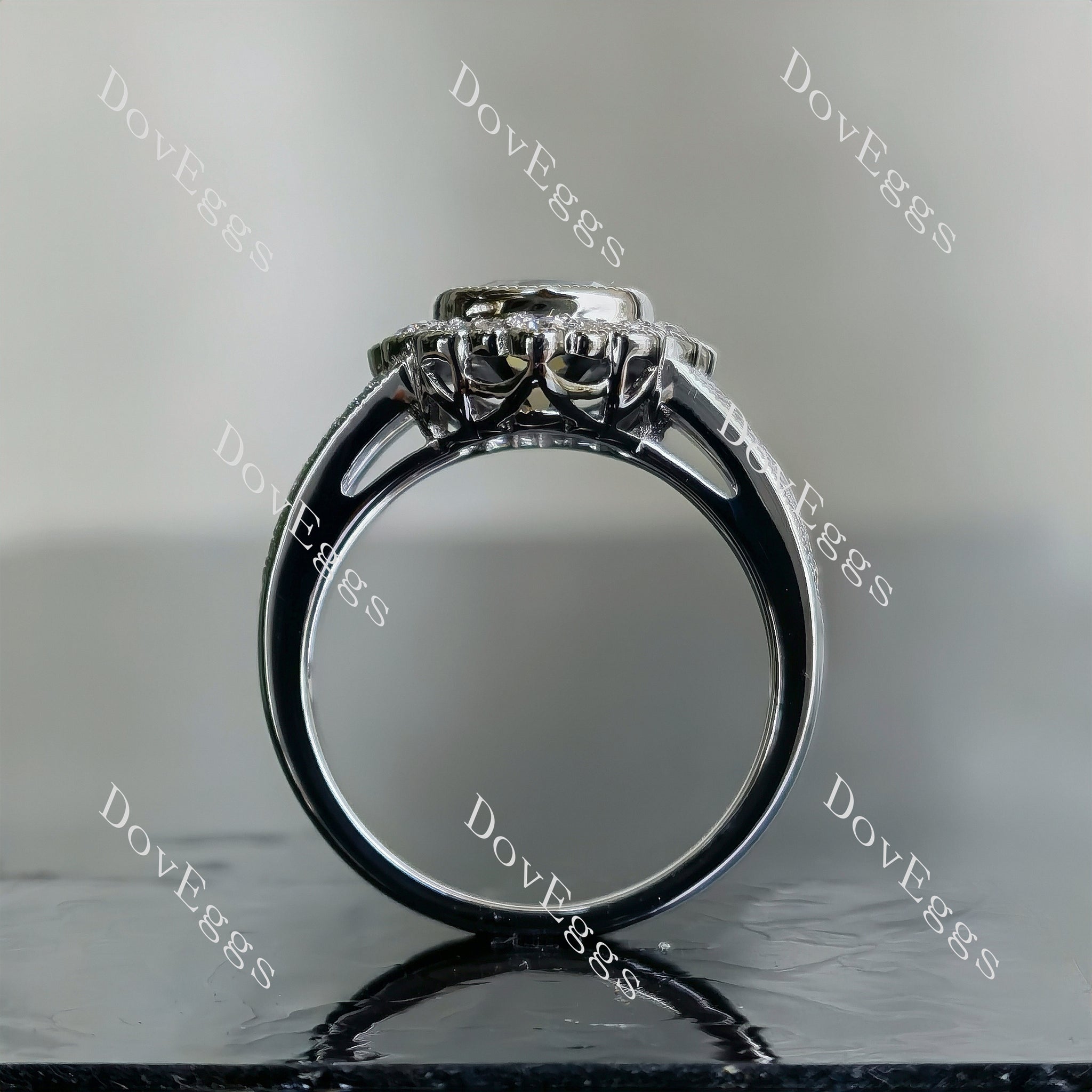 Doveggs cushion halo pave split shank stardust grey engagement ring