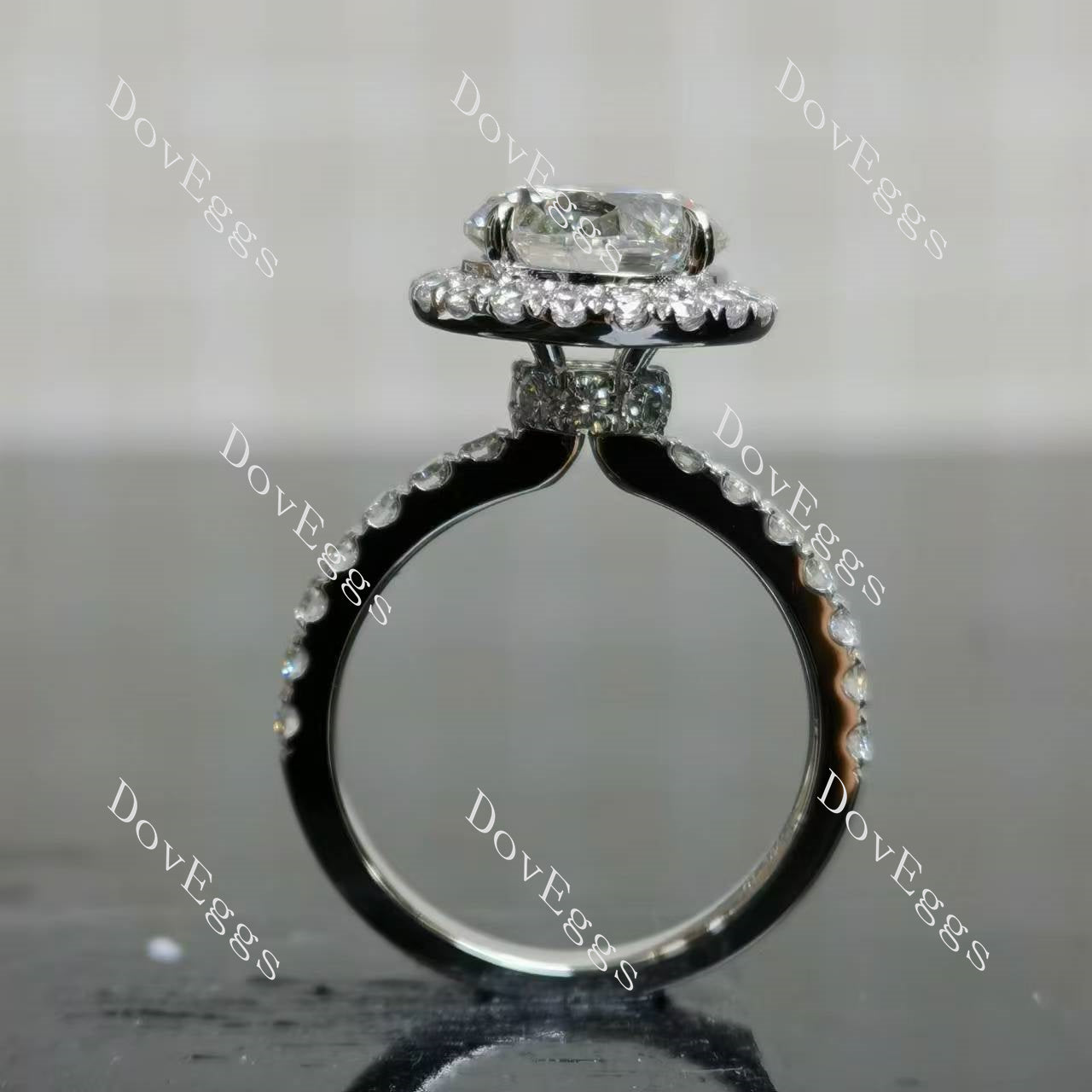 Doveggs round vintage halo pave half eternity moissanite engagement ring