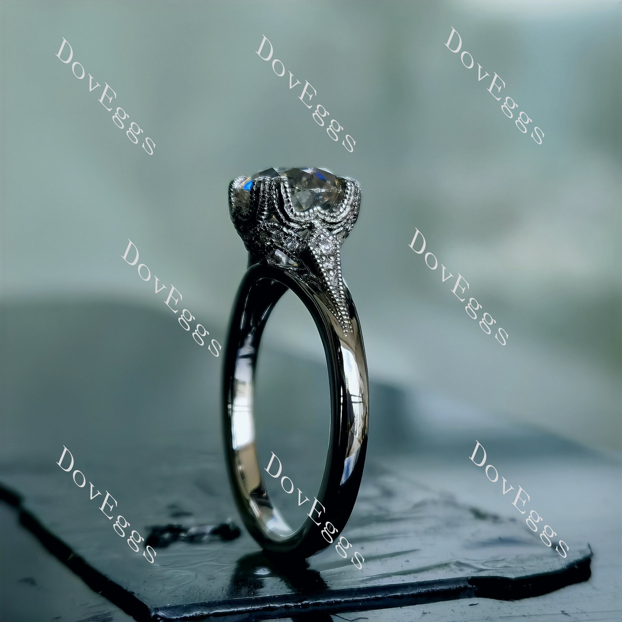 Doveggs round art deco moissanite engagement ring