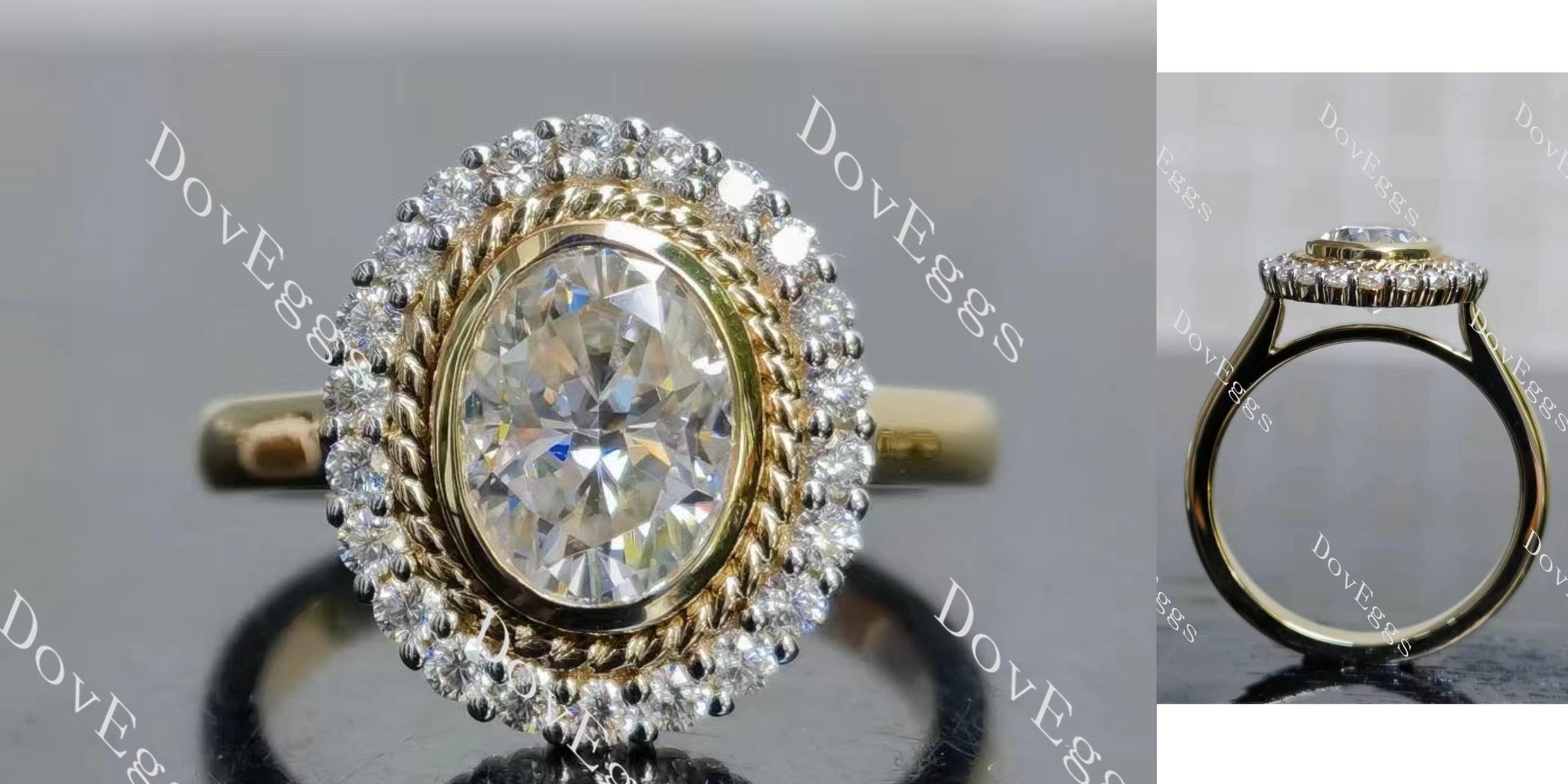 oval bezel halo moissanite engagement ring