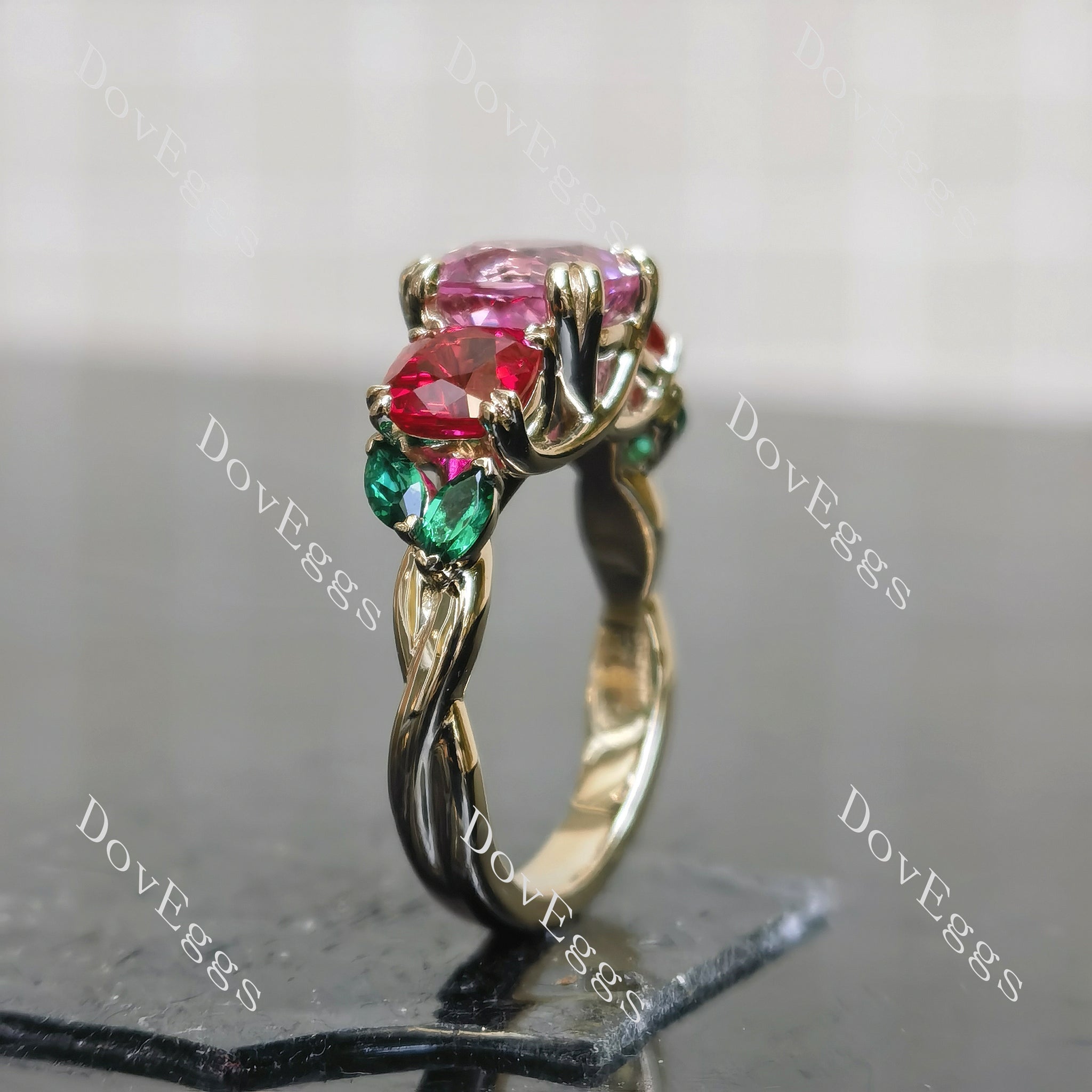 Devra's Rose cushion art deco three stones colored gem engagement ring