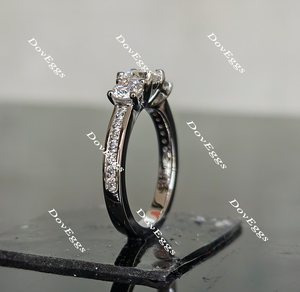 DovEggs half eternity channel set round three stone moissanite engagement ring