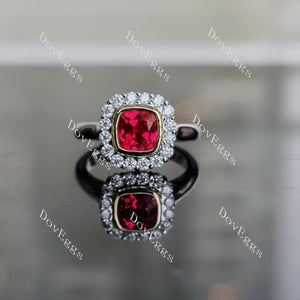 DovEggs cushion floral bezel halo ruby colored gem sterling silver engagement ring