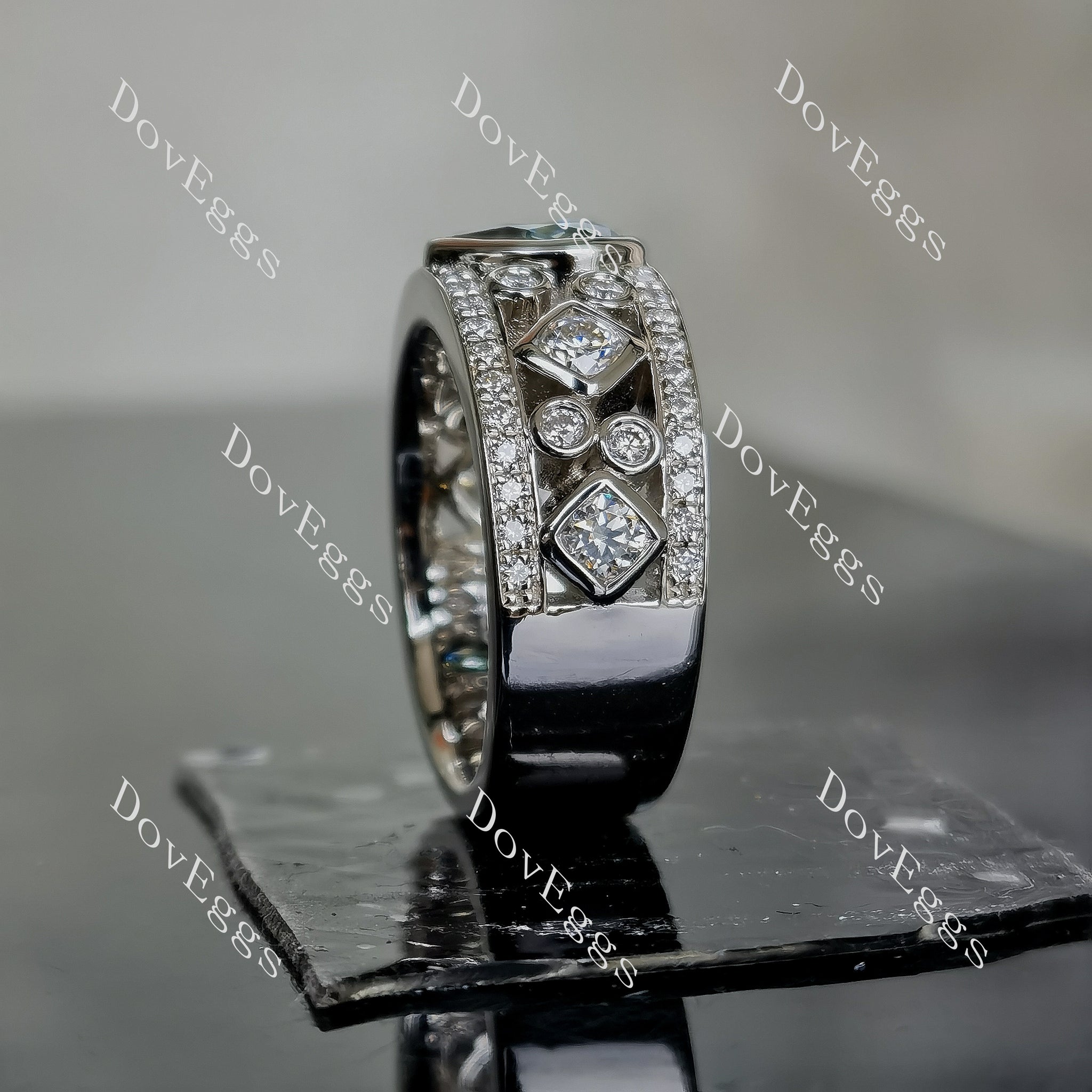 Doveggs pear half eternity pave bezel colored moissanite ring