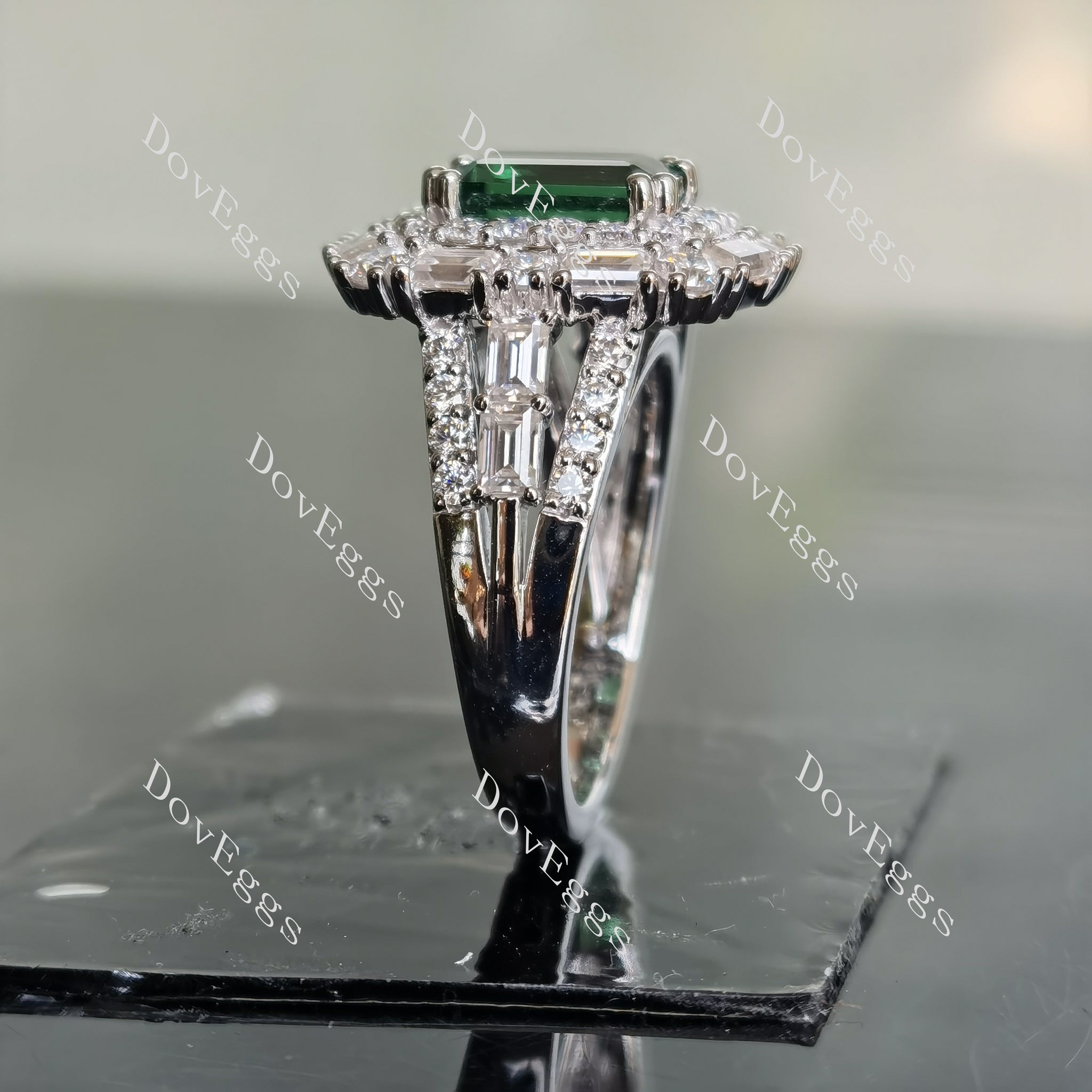 DovEggs emerald split shank double halo colored gem engagement ring