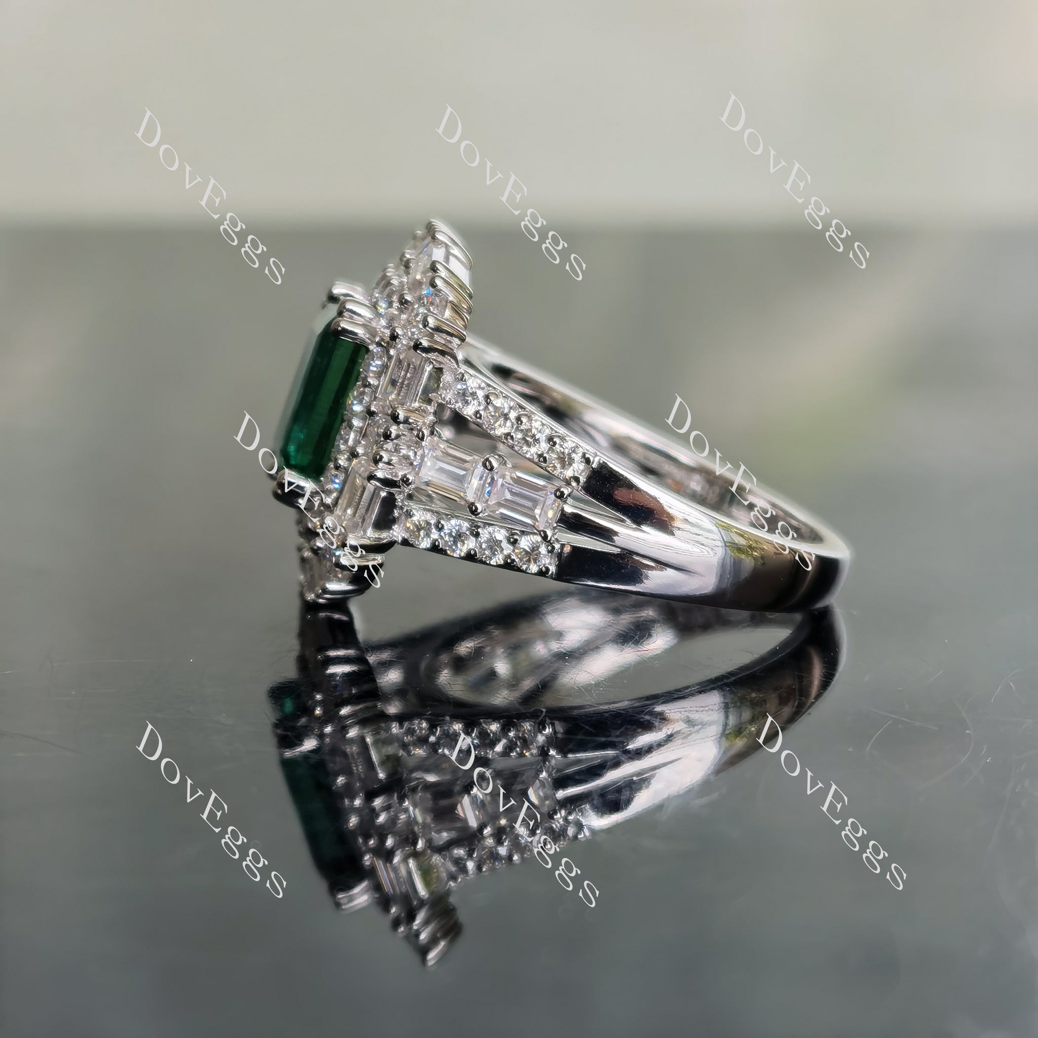 DovEggs emerald split shank double halo colored gem engagement ring