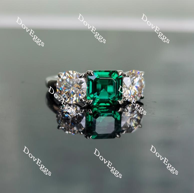 Doveggs three-stone asscher zambia emerald colored gem engagement ring