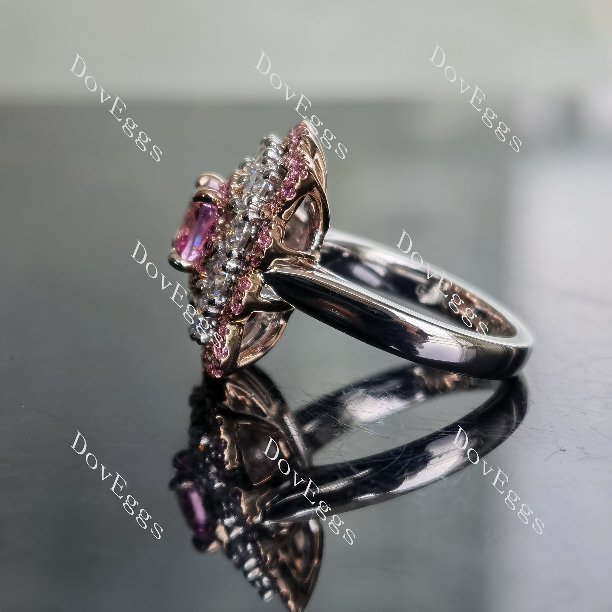 DovEggs cushion floral halo colored gem engagement ring